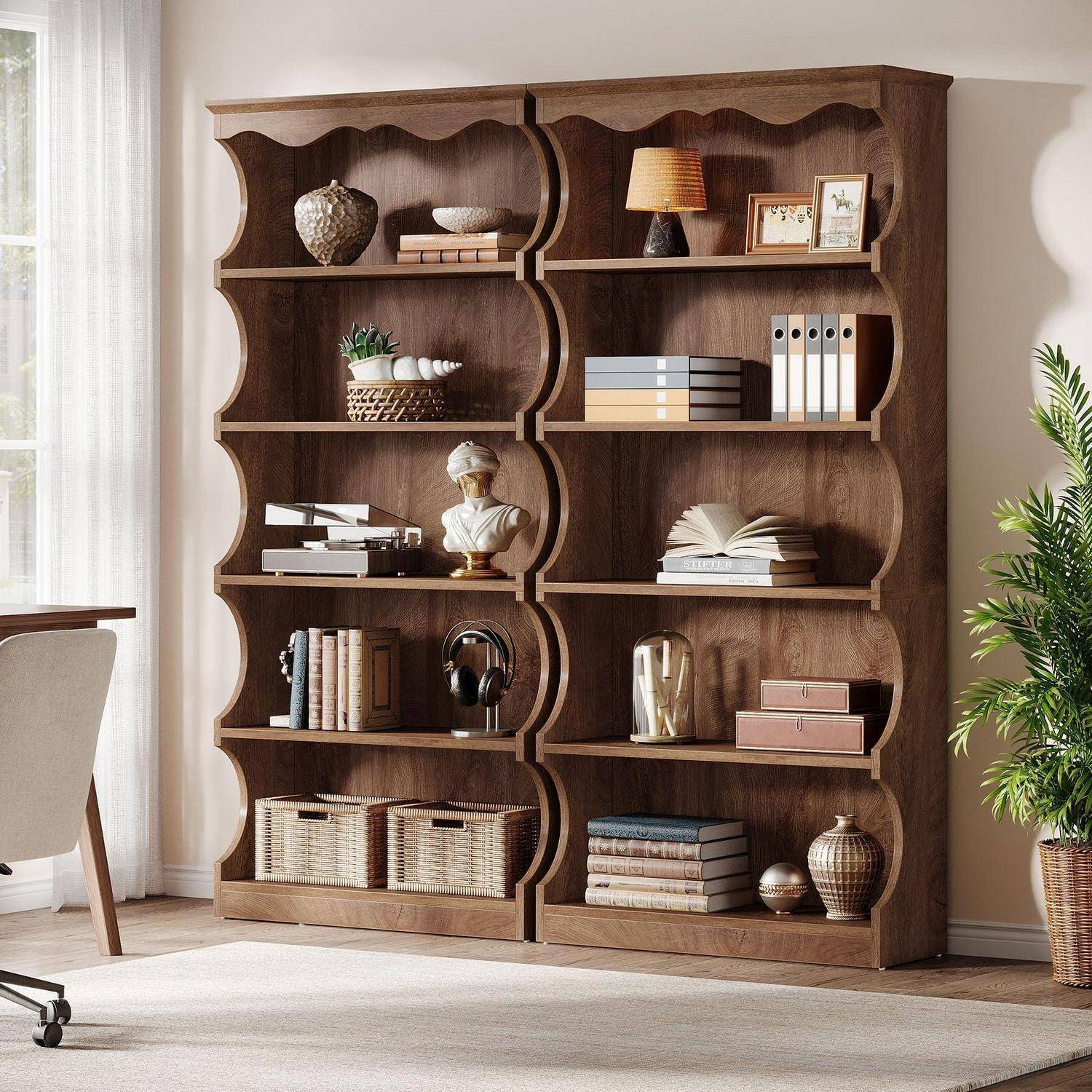 Tribesigns Design-Bücherregal 178 cm, 6-Stufig Geschwungen in Vintage Holz-Optik, Offenes Standregal als Raumteiler, Modernes Ausstellungsregal für