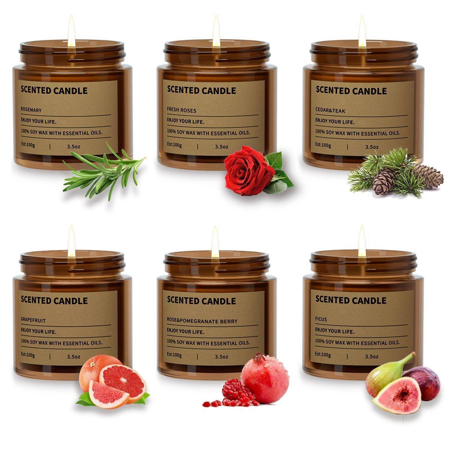 Sechs brennende duftende Kerzen in Bernsteingläsern mit den Aufschriften Rosmarin, frische Rosen, Zedernholz Teak, Grapefruit, Rose Granatapfel Beere und Feige, jeweils mit entsprechenden botanischen Akzenten dargestellt.