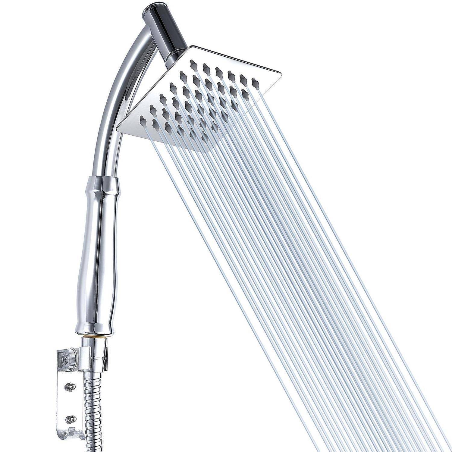 Chrom-Duschkopf mit vielen Wasserstrahlen und einem gebogenen Metallarm auf weißem Hintergrund.