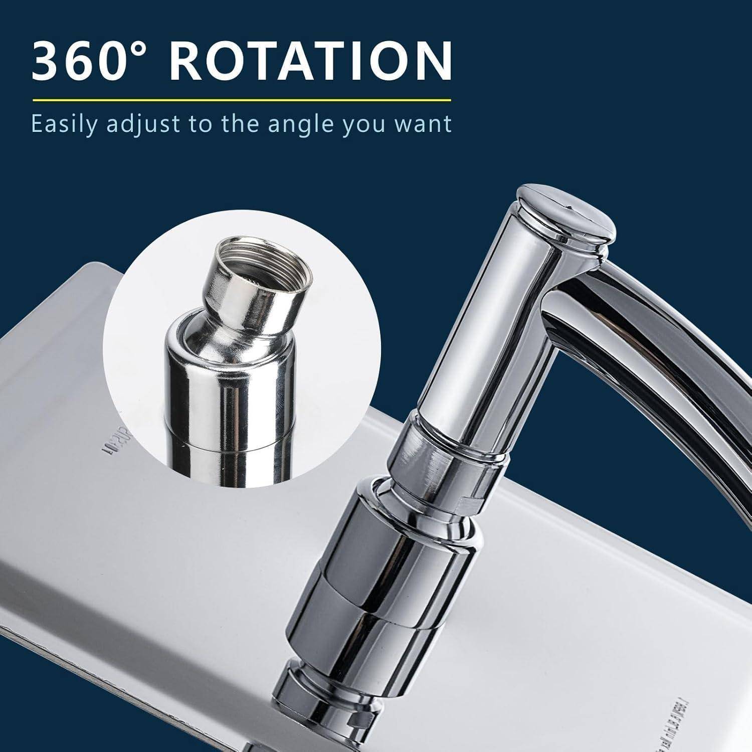 Chrom-Wasserhahn-Strahlregler mit 360°-Rotation, in Nahaufnahme dargestellt und beschriftet mit „360°-ROTATION
