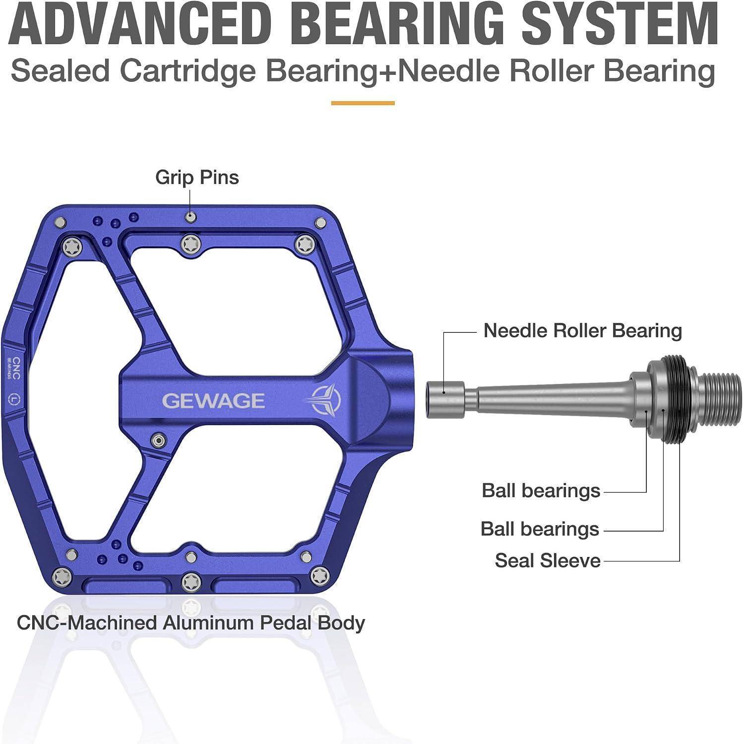 Diagramm eines „Advanced Bearing System" Pedals: CNC-bearbeiteter Aluminiumbody mit Griffzapfen, plus ein versiegeltes Patronenlager und ein Nadelbürstenantrieb mit Dichtungsmanschette.