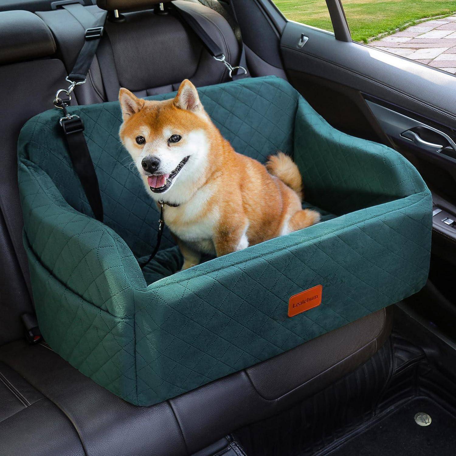Ein Shiba Inu sitzt in einem grünen gesteppten Autositz für Haustiere auf der Rückbank eines Autos, gesichert durch ein Geschirr.
