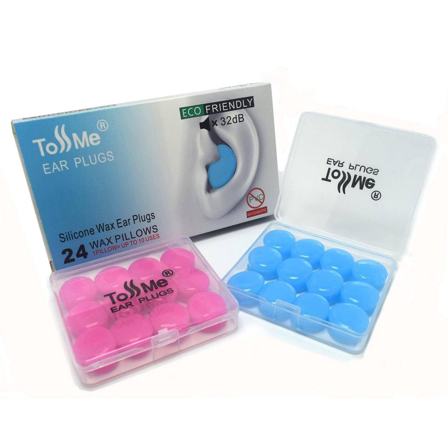 Packung mit ToSMe-Silikon-Wachs-Ohrstöpseln, die rosa und blaue Ohrstöpselsets in durchsichtigen Behältern zeigen, sowie eine Schachtel mit der Aufschrift „Umweltfreundlich