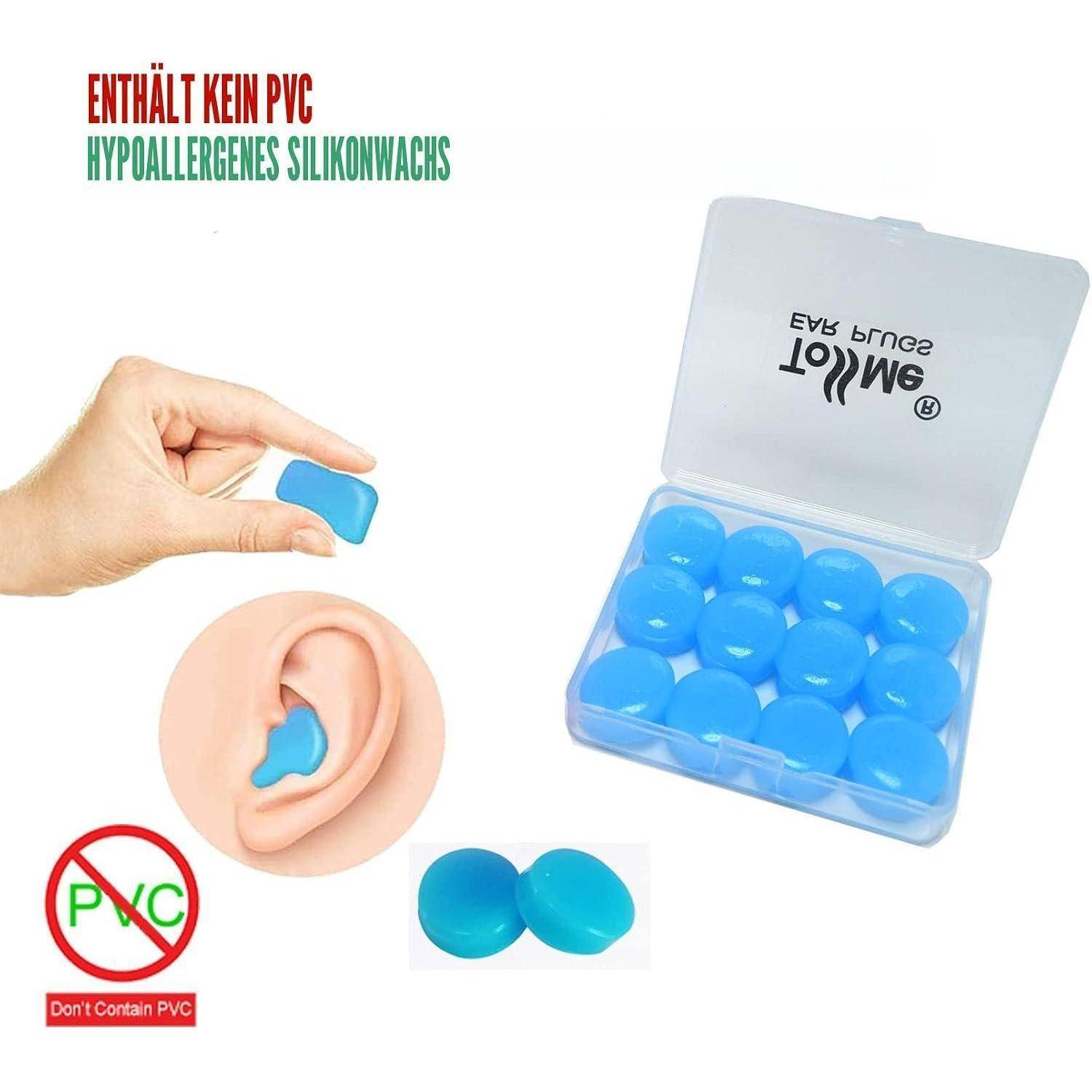 Bildwerbung für blaue Silikon-Ohrstöpsel: Eine Hand führt einen in ein Ohr ein, mit einem Behälter voller Stöpsel und Text „ENTHÄLT KEIN PVC