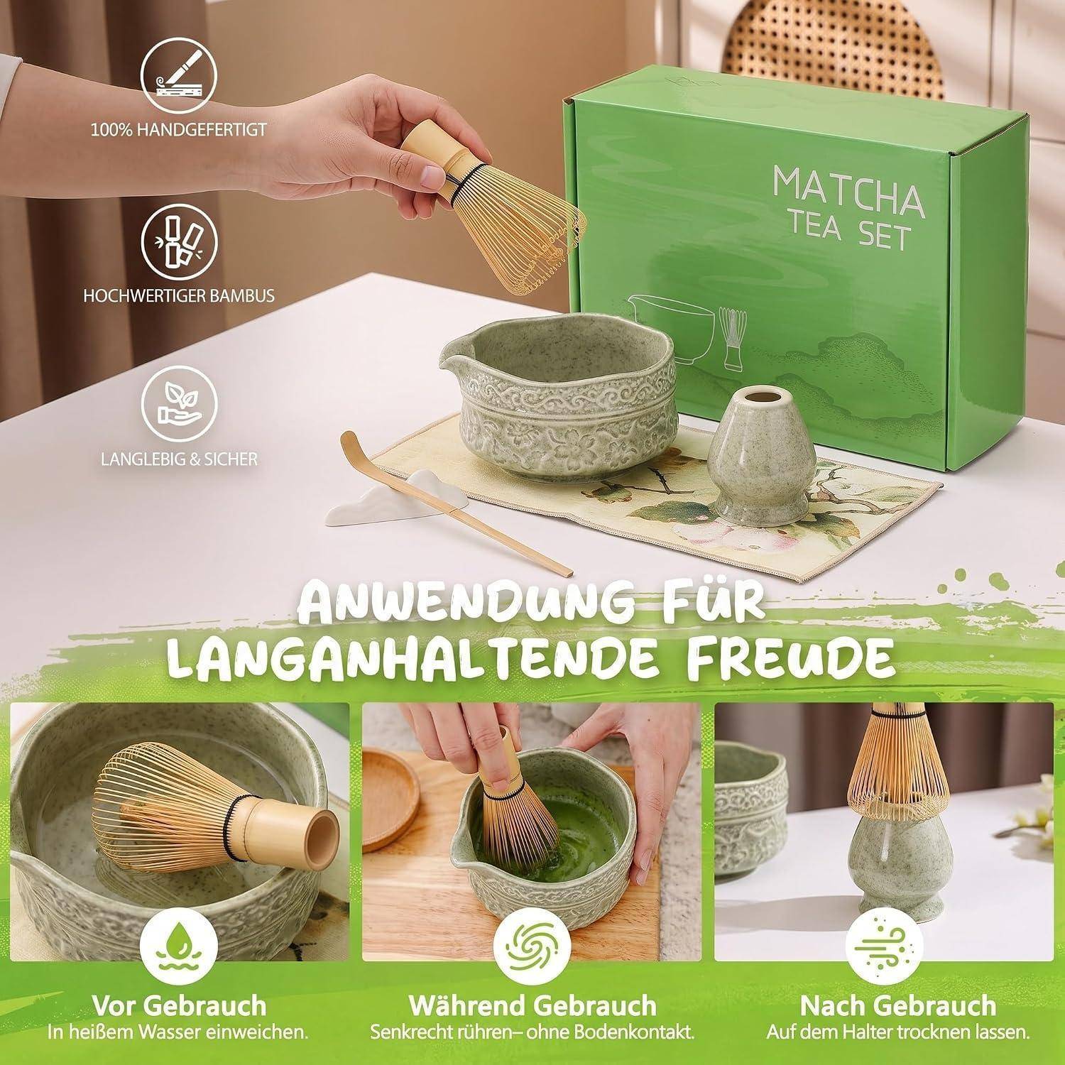 Werbebild eines grünen Matcha-Tee-Sets mit Schüssel, Schneebesen, Löffel und Schachtel, das vorher, während und nachher beim Zubereiten von Matcha zeigt.