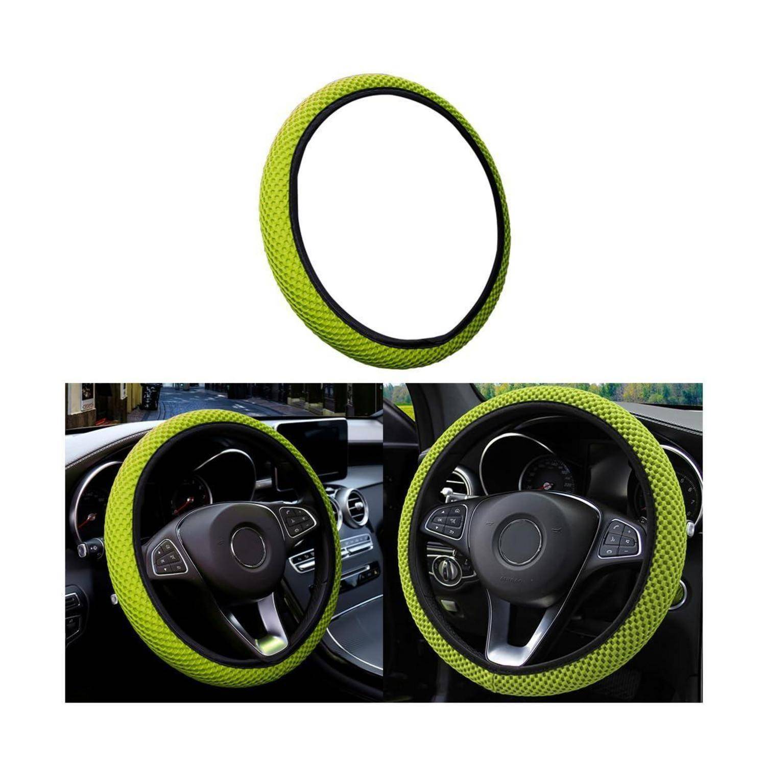 Grüne strukturierte Lenkradbezug einzeln dargestellt und auf einem Autolenkrad in einem Fahrzeuginnenraum installiert.