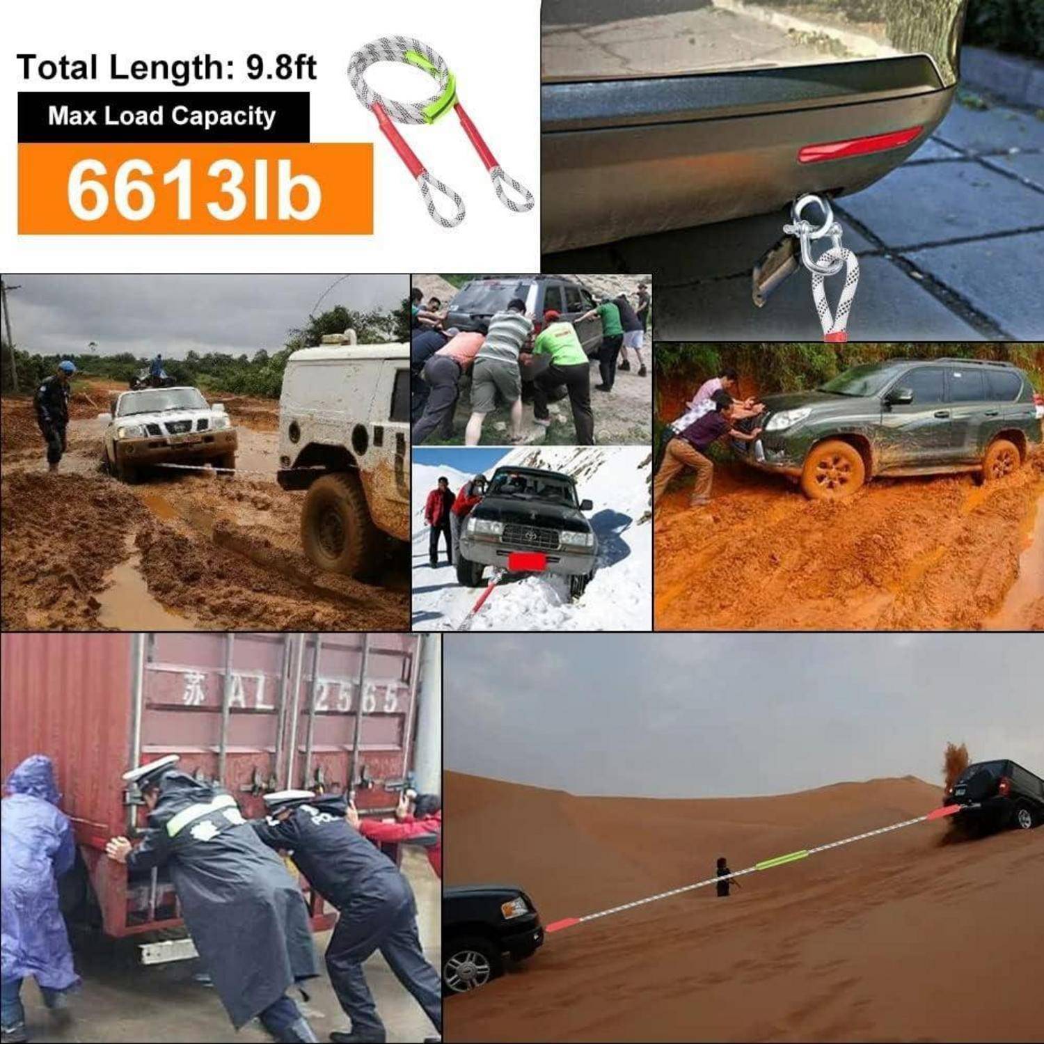 Collage mit Werbung für einen Abschleppgurt mit „Gesamtlänge: 9,8 ft
