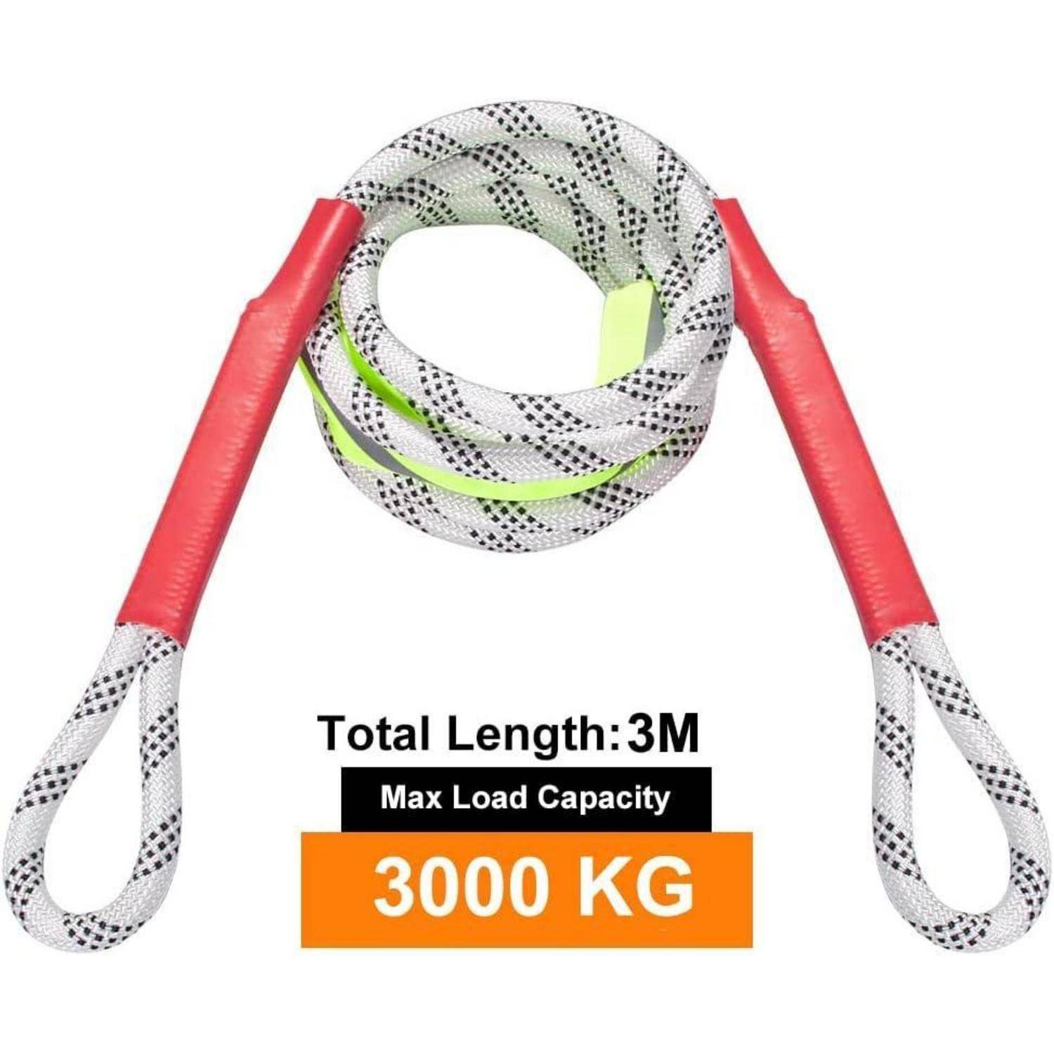 3-Meter-Hebeschlinge mit roten verstärkten Schleifen, gekennzeichnet mit maximaler Tragfähigkeit 3000 kg.