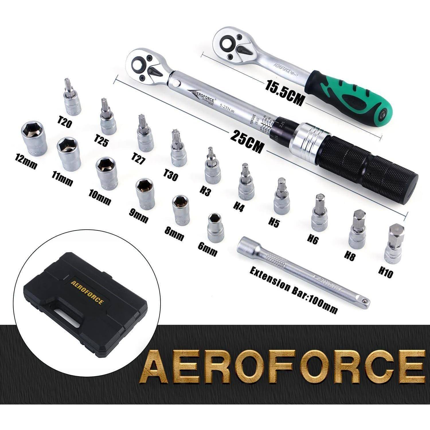 AEROFORCE Ratschenschlüssel-Set mit zwei Griffen, 100 mm Verlängerungsstab und mehreren Steckschlüssel- und Bitsgrößen, dargestellt mit beschrifteten Abmessungen.