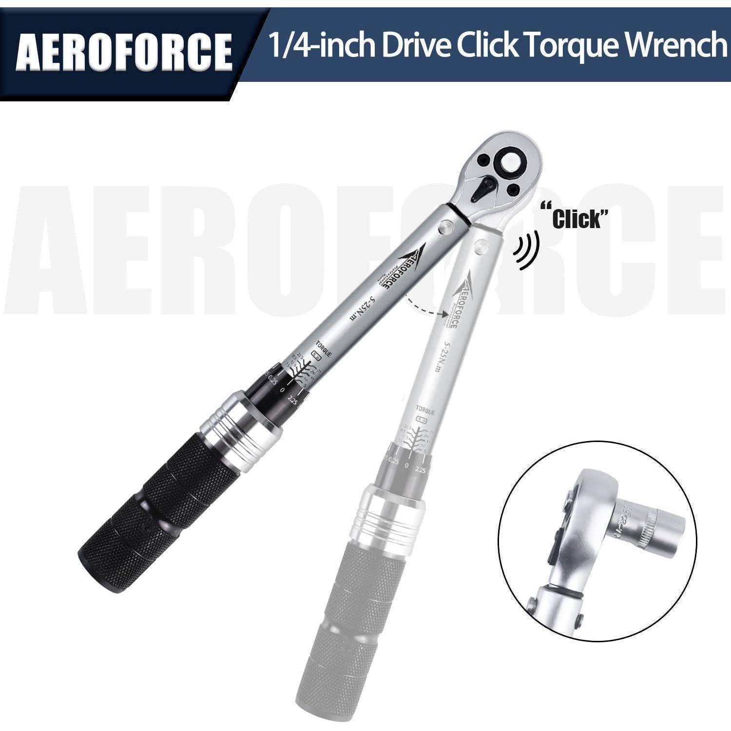 Aeroforce 1/4-Zoll-Antrieb Klick-Drehmomentschlüssel, gezeigt mit einem Ratschenkopf und 'Klick'-Anzeige, plus eine Nahaufnahme des Kopfes.