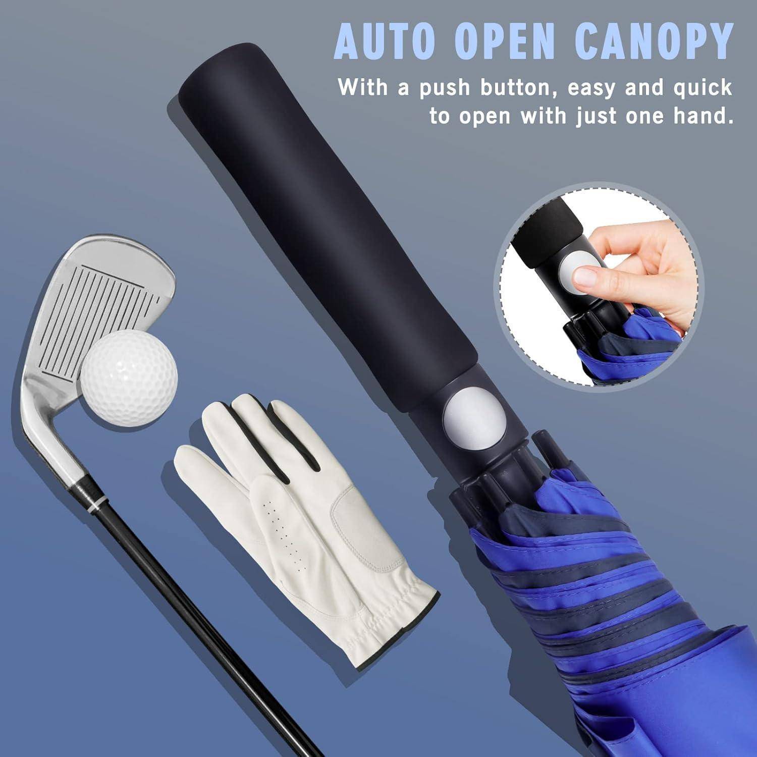 Werbebild eines automatischen Golf-Regenschirms mit Druckknopfgriff, dargestellt mit einer behandschuhten Hand, plus einem Golfschläger, Ball und Handschuh.