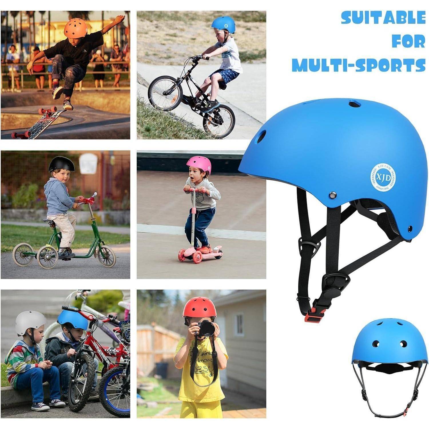 Blauer Multi-Sport-Helm, gezeigt mit Kindern, die Skateboards, Fahrräder, Roller und eine Kamera benutzen; Text lautet „GEEIGNET FÜR MULTI-SPORT