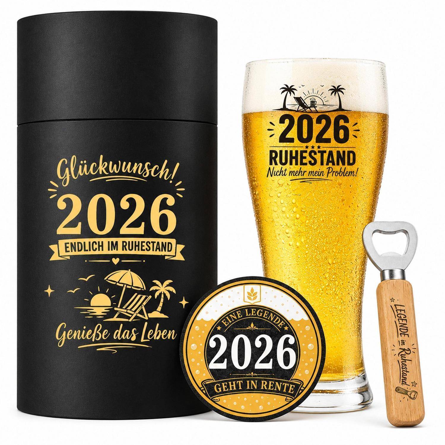 Werbe-Ruhestandsgeschenkset mit schwarzer Geschenkbox, Bierglas, Flaschenöffner und rundem Abzeichen, alle bedruckt mit „2026