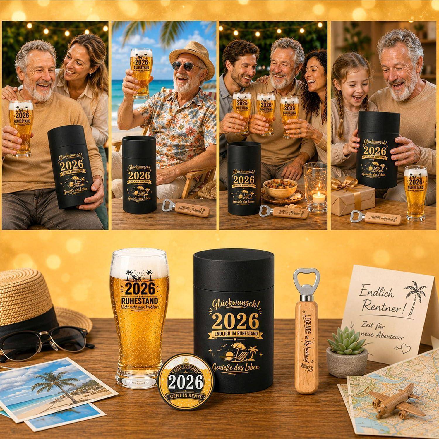 Collage eines Rentierungsgeschenksets und einer Feier für 2026: Menschen stoßen mit Bier an und eine schwarze Geschenkbox mit der Aufschrift „2026