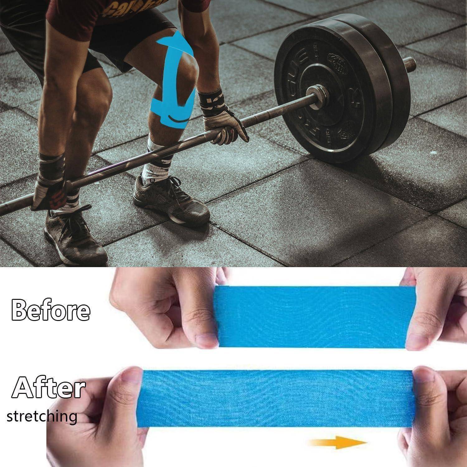 Geteiltes Bild, das das Langhantel-Heben mit einem blauen gekrümmten Pfeil in der Nähe des Oberkörpers des Lifters zeigt, und eine Demonstration einer Tape-Dehnung mit den Beschriftungen 