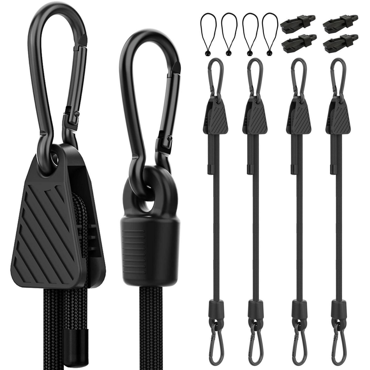 Schwarze Karabiner-förmige elastische Schnüre mit Riemenhaken und Hakenendstuecken, dargestellt als Produktset mit mehreren Längen und Befestigungen.