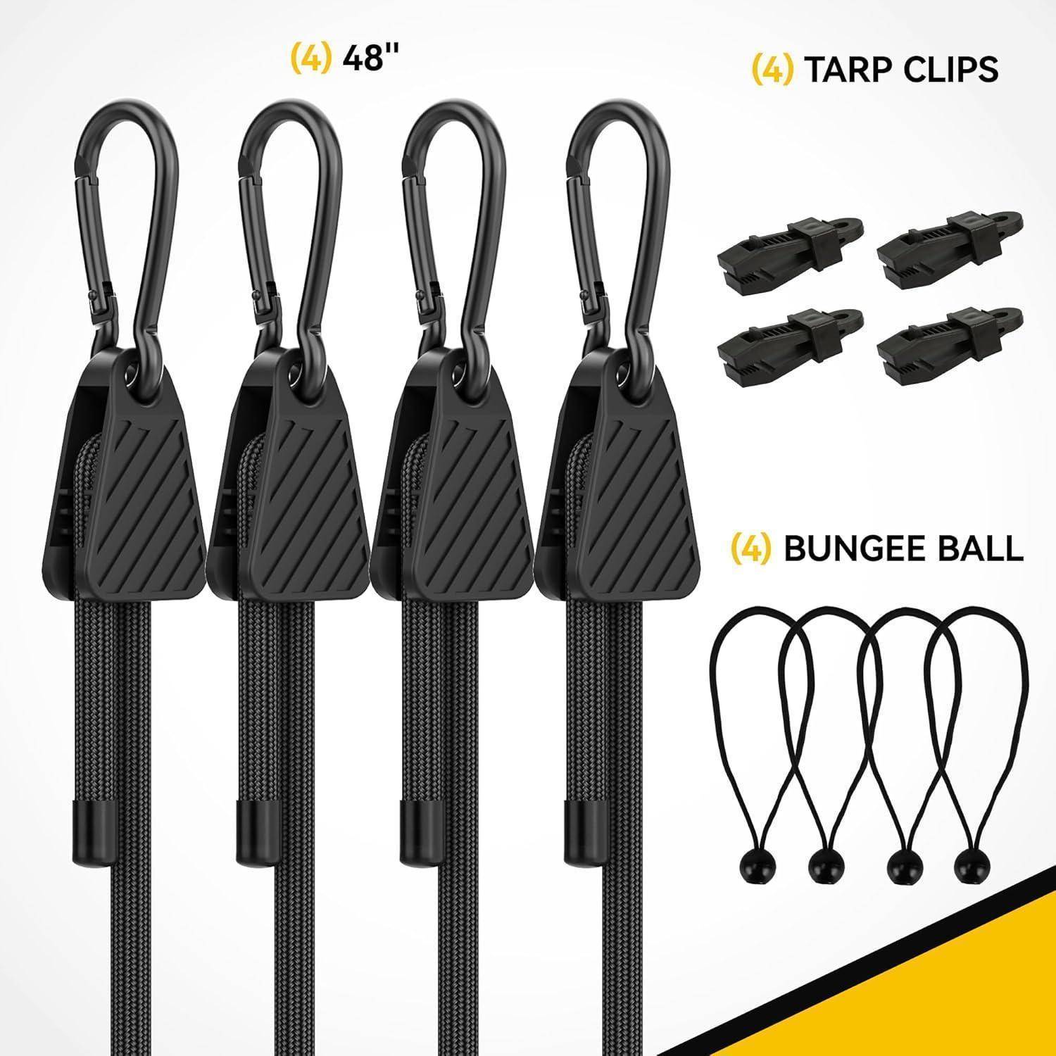 Rugtol Expander mit Haken, 12er Allzweck-Set für Outdoor 120 cm Verstellbar Spanngummi mit Karabiner Schwarz, 15cm Spanngummis mit Kugel