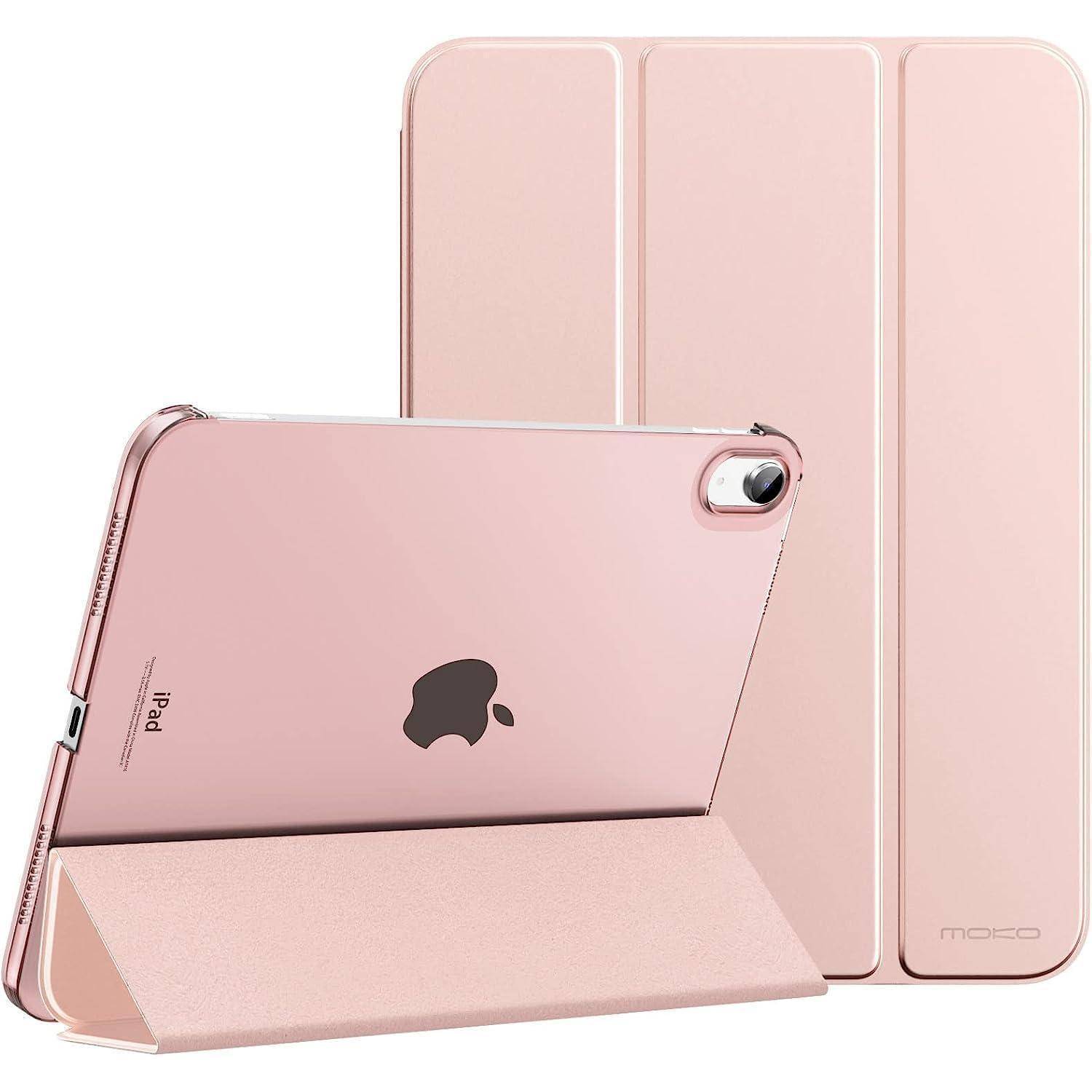 Rosé-Gold-iPad in einer passenden Schutzhülle mit Klappständer, Vorder- und Rückseite nebeneinander dargestellt.