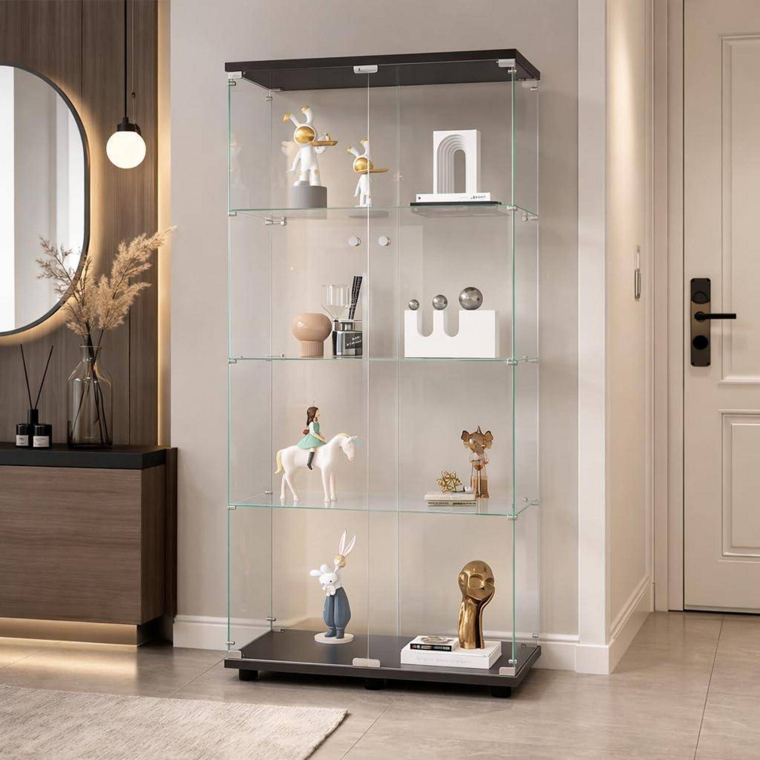 Glasvitrine Standvitrine mit Abschließbar, Vitrinenschrank mit 2 Türen und 4 Einlegeböden, Glasvitrine Stehend für Sammlerstücke Bücher Wein, f