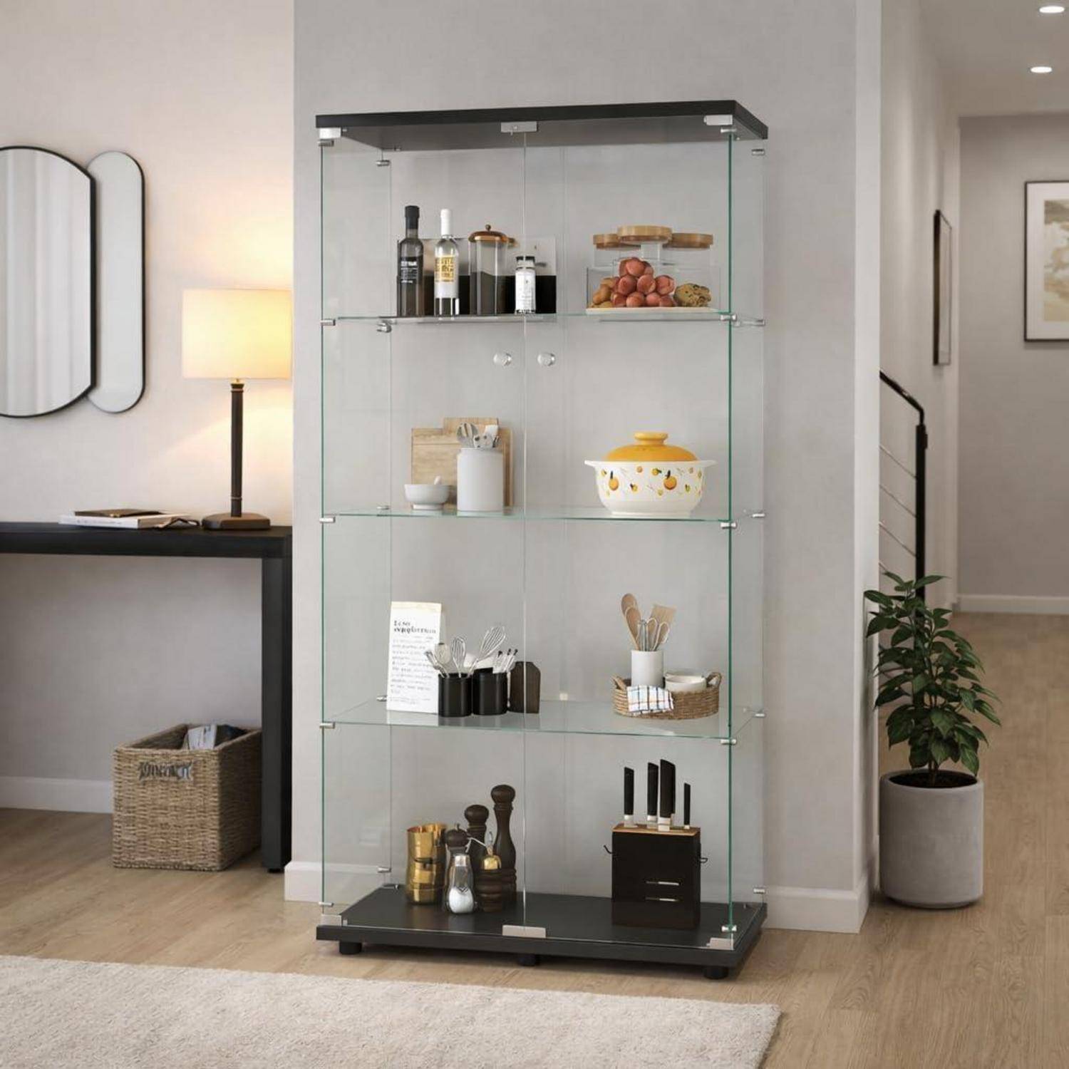 Glasvitrine Standvitrine mit Abschließbar, Vitrinenschrank mit 2 Türen und 4 Einlegeböden, Glasvitrine Stehend für Sammlerstücke Bücher Wein, f