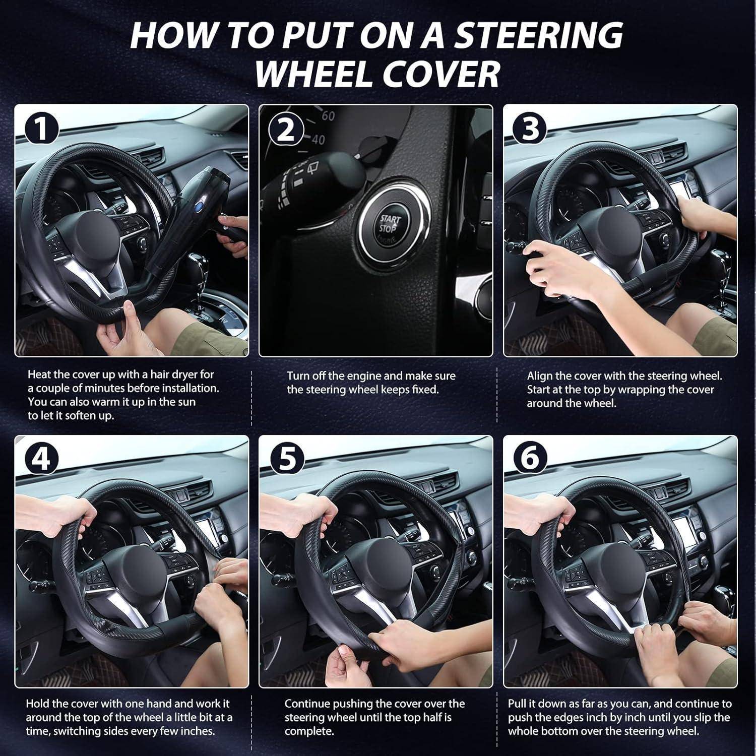 Infografik mit dem Titel „So bringen Sie eine Lenkradabdeckung an" mit sechs Schritten: Abdeckung erwärmen, Auto ausschalten, über das Lenkrad ausrichten und dehnen, dann Kanten ziehen und einfalten, bis es passt.