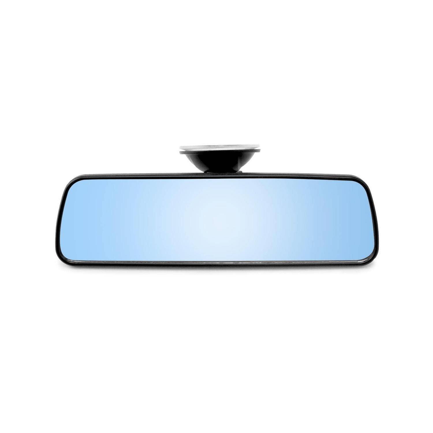 Rückspiegel mit blau getönter reflektierender Oberfläche, frontal vor weißem Hintergrund dargestellt.