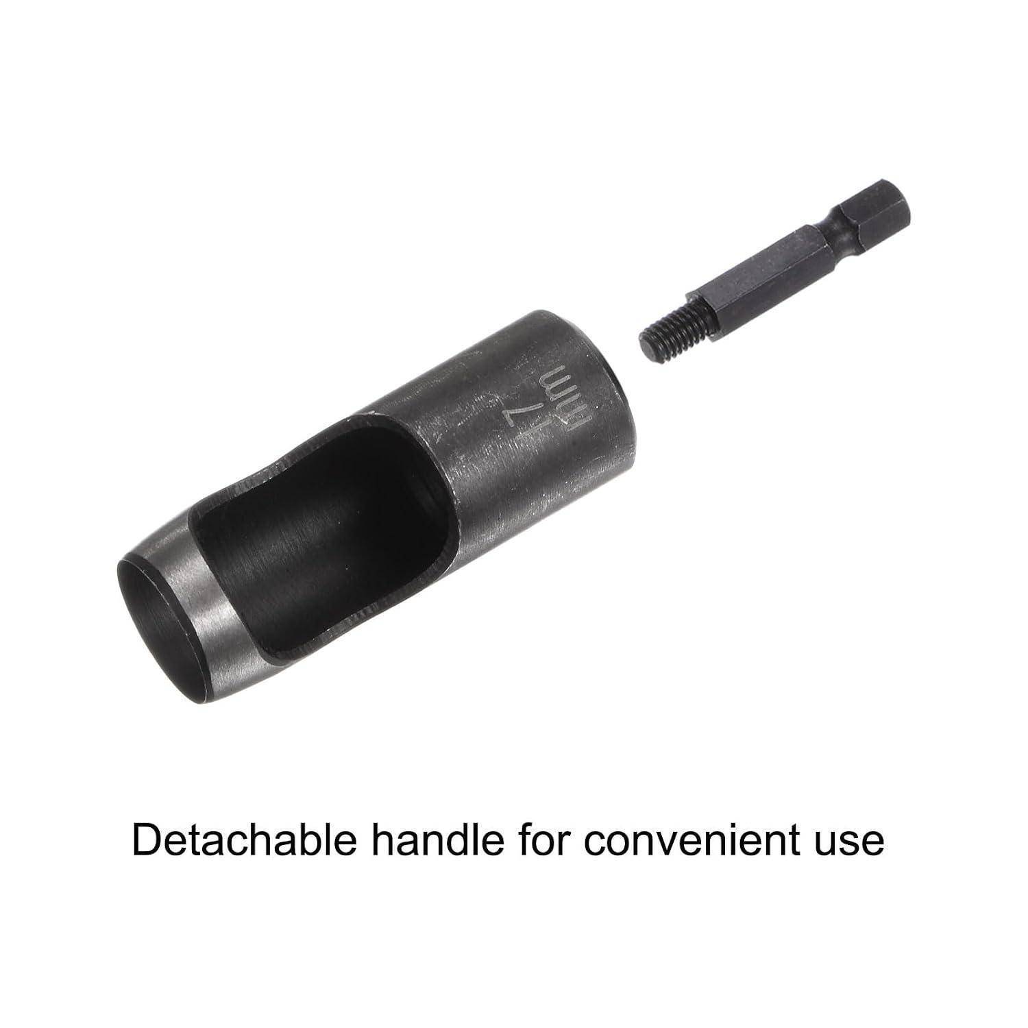 Abnehmbarer Griff für bequeme Handhabung, gezeigt mit einem Adapter mit Sechskantschaft und einer Ausnehmung für zylindrischen Griff.