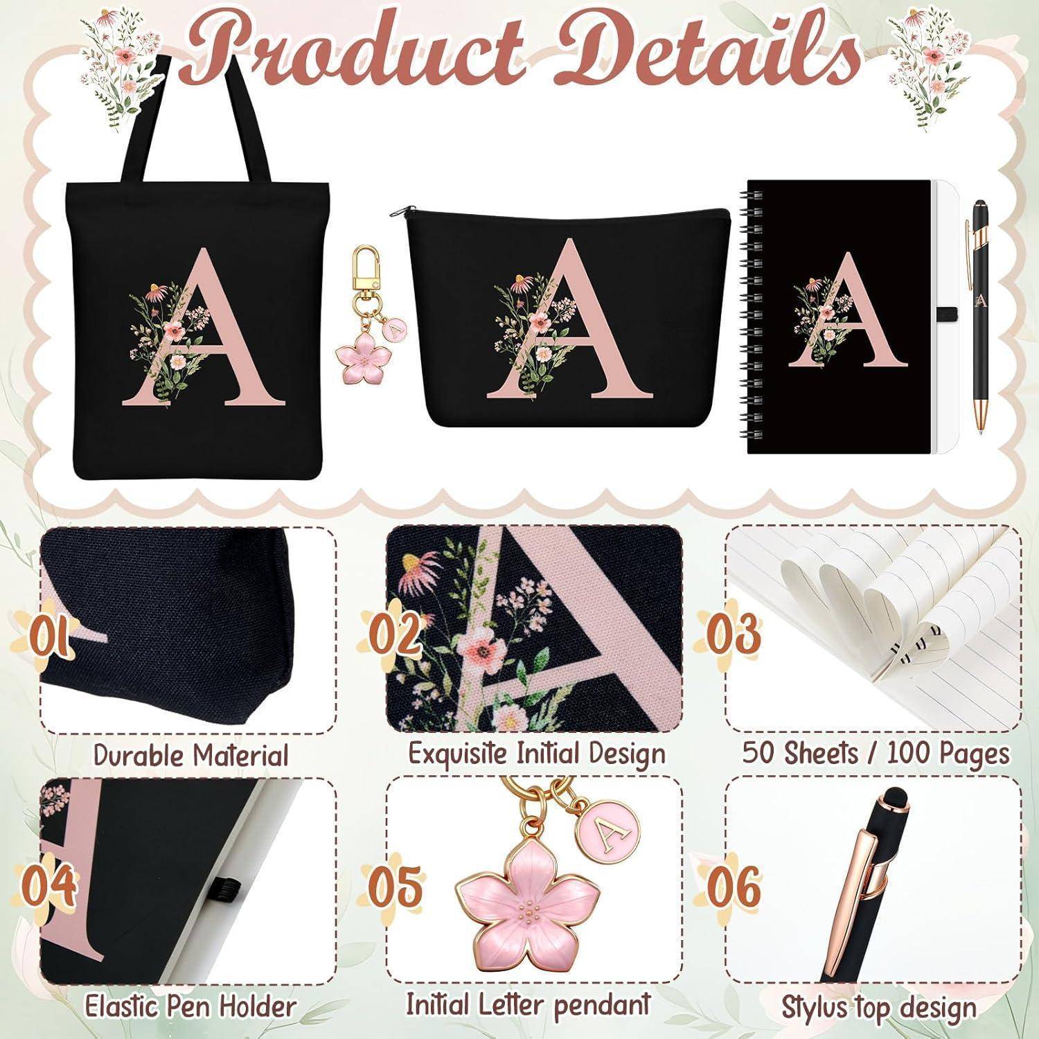 Produktdetails-Grafik zeigt eine schwarze anfängliche 'A' Blumenbaumwolltasche, Beutel, Notizbuch und Stiftset; hebt langlebiges Material, elastischen Stifthalter, 50 Blatt/100 Seiten und Blumenanhänger-Schlüsselanhänger hervor.