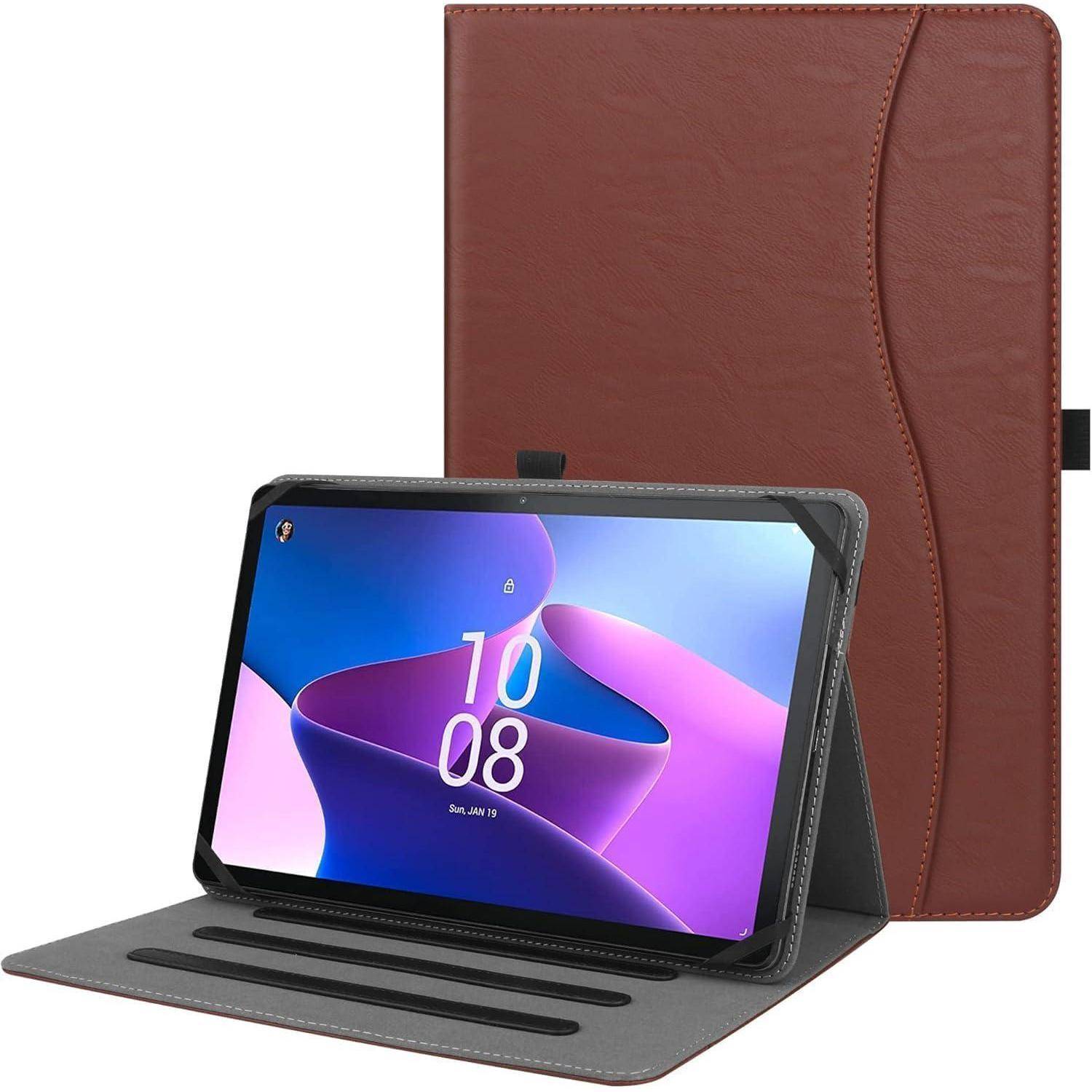 Tablet in einem Folio-Etui mit integriertem Ständer und Stiftschlitzen, aufgeklappt vor einem geschlossenen braun wirkenden Lederetui gezeigt.