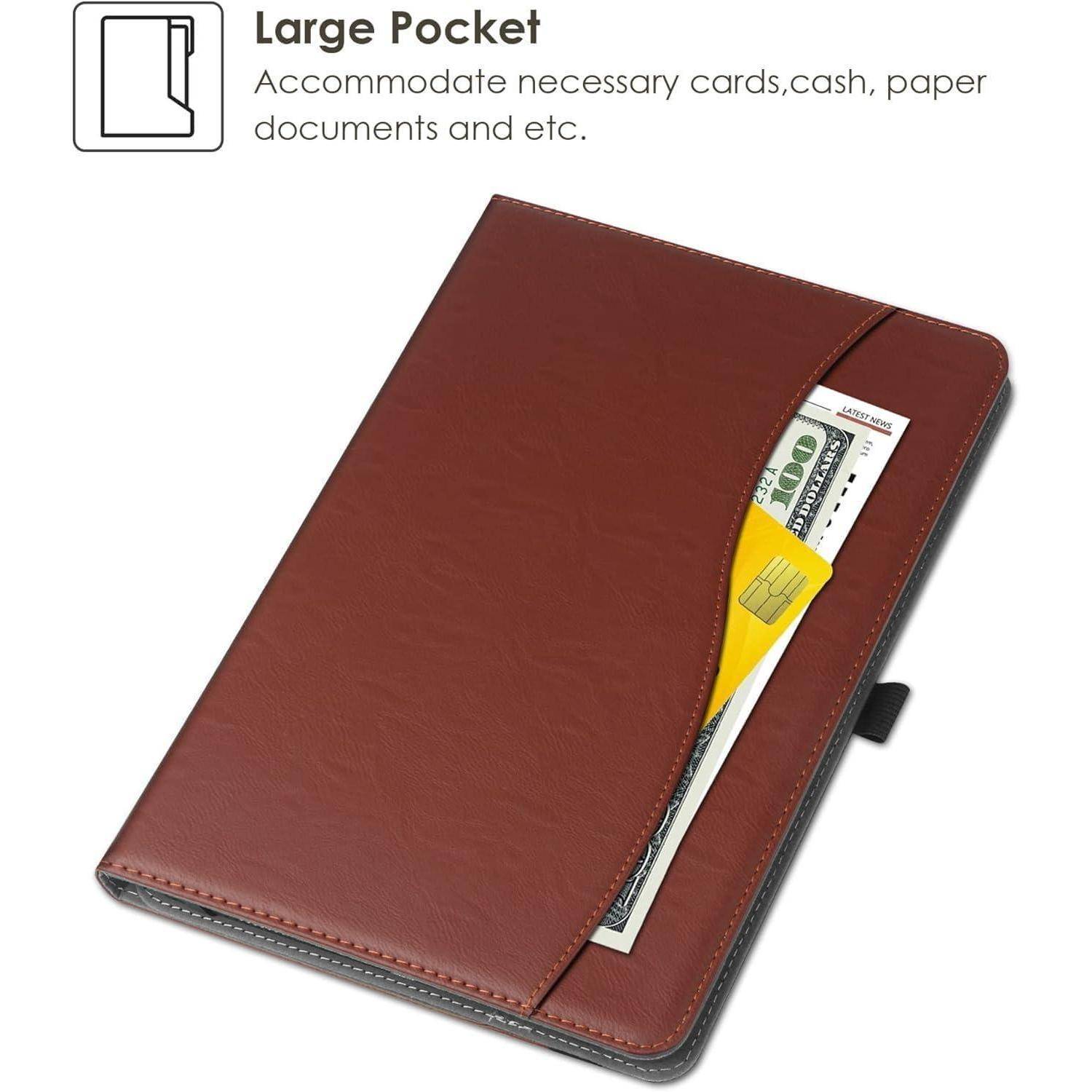 Braunes Lederfolio mit großer Tasche zum Aufbewahren von Karten, Bargeld und Papieren; gekennzeichnet mit "Große Tasche"" zum Lagern von Dokumenten und Essentials.