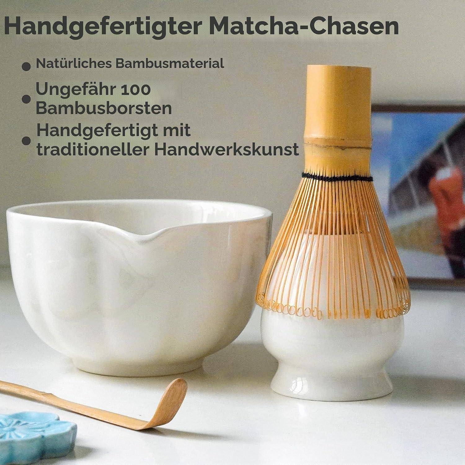 Premium Matcha Set 7-teilig – Exklusives Teezeremonie-Set mit Bambus-Chasen (Besen),Weiß Keramik-Schale, Löffel & Zubehör, Originelles Geschenk f