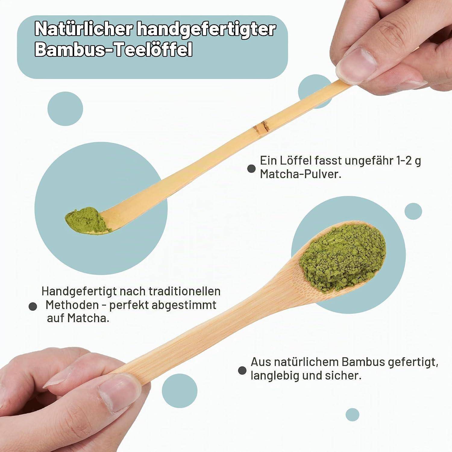 Infografik eines handgefertigten Bambus-Teelöffels für Matcha, der etwa 1–2 g fasst, traditionell handwerklich gefertigt, langlebig und sicher ist.