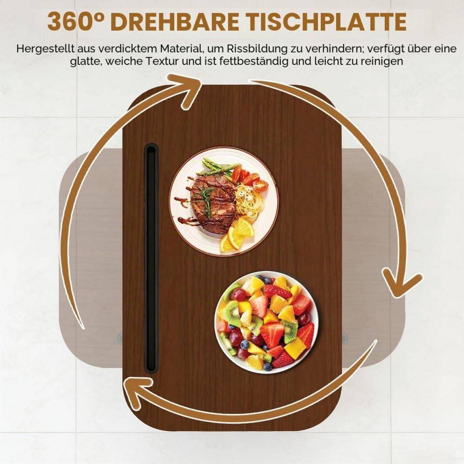 Runde Holztischplatte mit 360°-Rotationspfeilen, die zeigen, dass sie sich drehen kann, um Geschirr zu bewegen; deutscher Text besagt „360° DREHBARE TISCHPLATTE