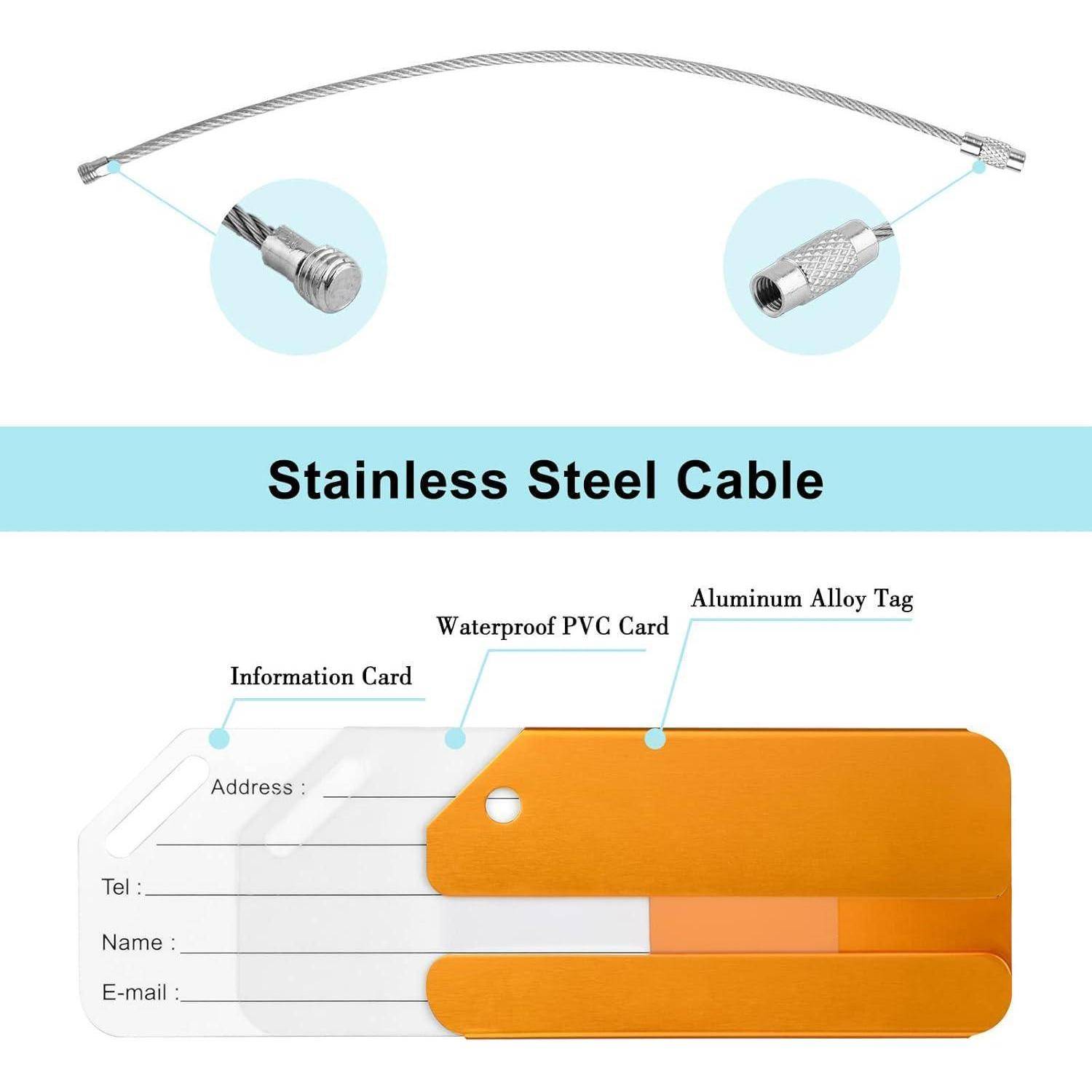Diagramm eines Edelstahlkabels mit Metallanschlüssen, plus eine Informationskarte und einen orangefarbenen Aluminiumlegierungsschild mit der Bezeichnung wasserdichte PVC-Karte.
