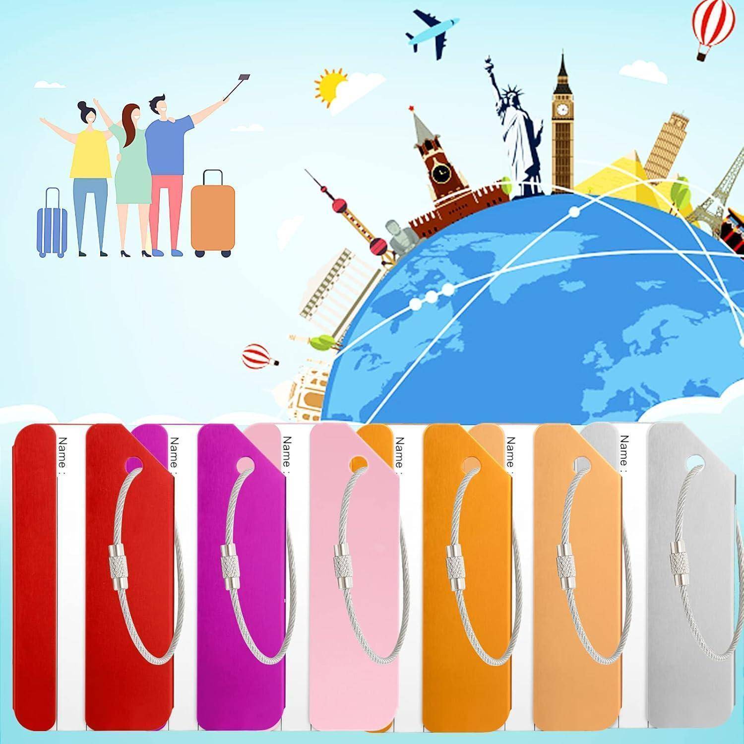 Bunte Reiseillustration oben mit einem Globus, Wahrzeichen und Touristen; unten mehrere leuchtend farbige USB-Ladekabel in verschiedenen Farben.