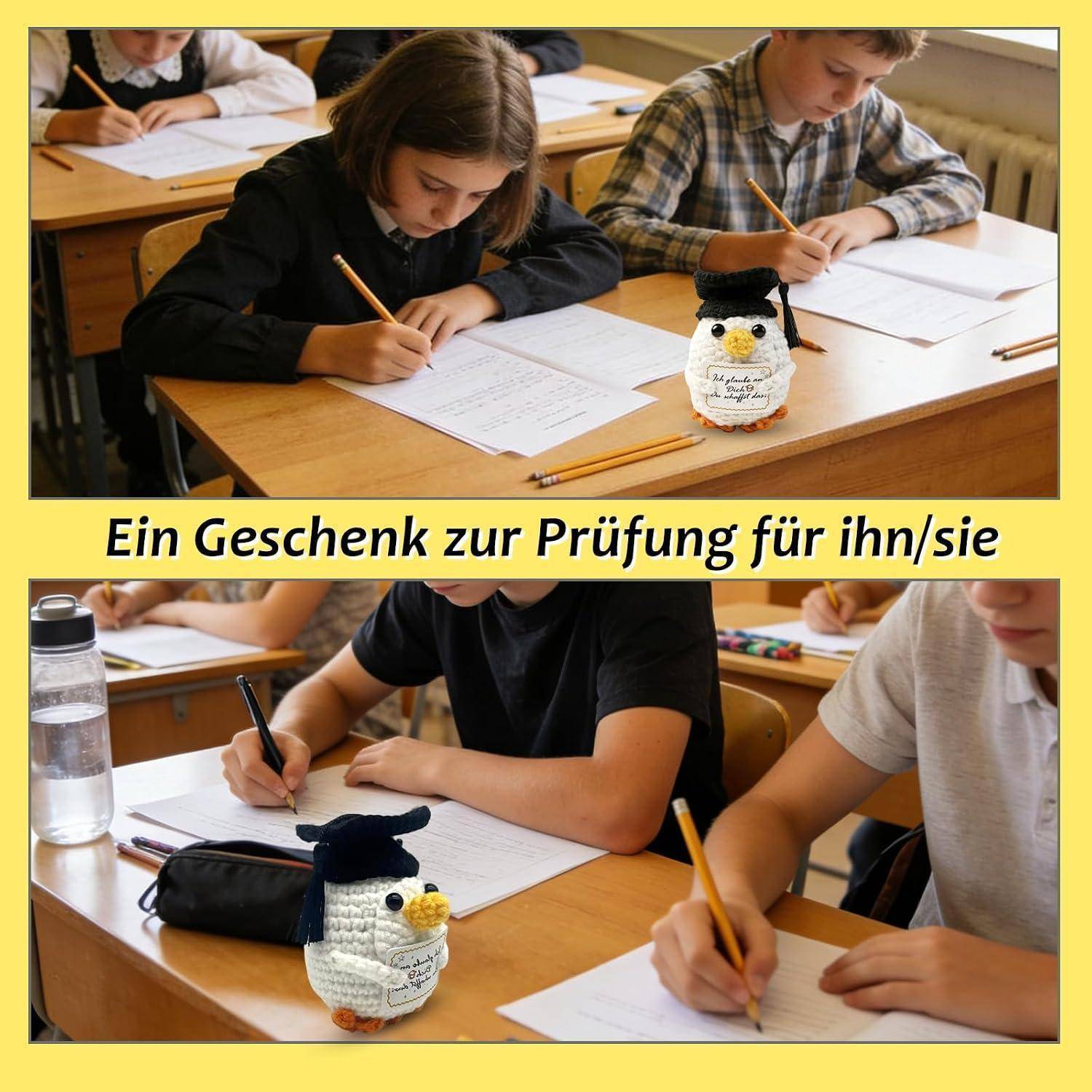 Zwei Klassenfotos zeigen Schüler, die schriftliche Prüfungen ablegen, mit einem kleinen gehäkelten Geschenk-Maskottchen auf einem Schreibtisch; die Bildunterschrift lautet „Ein Geschenk zur Prüfung für ihn/sie