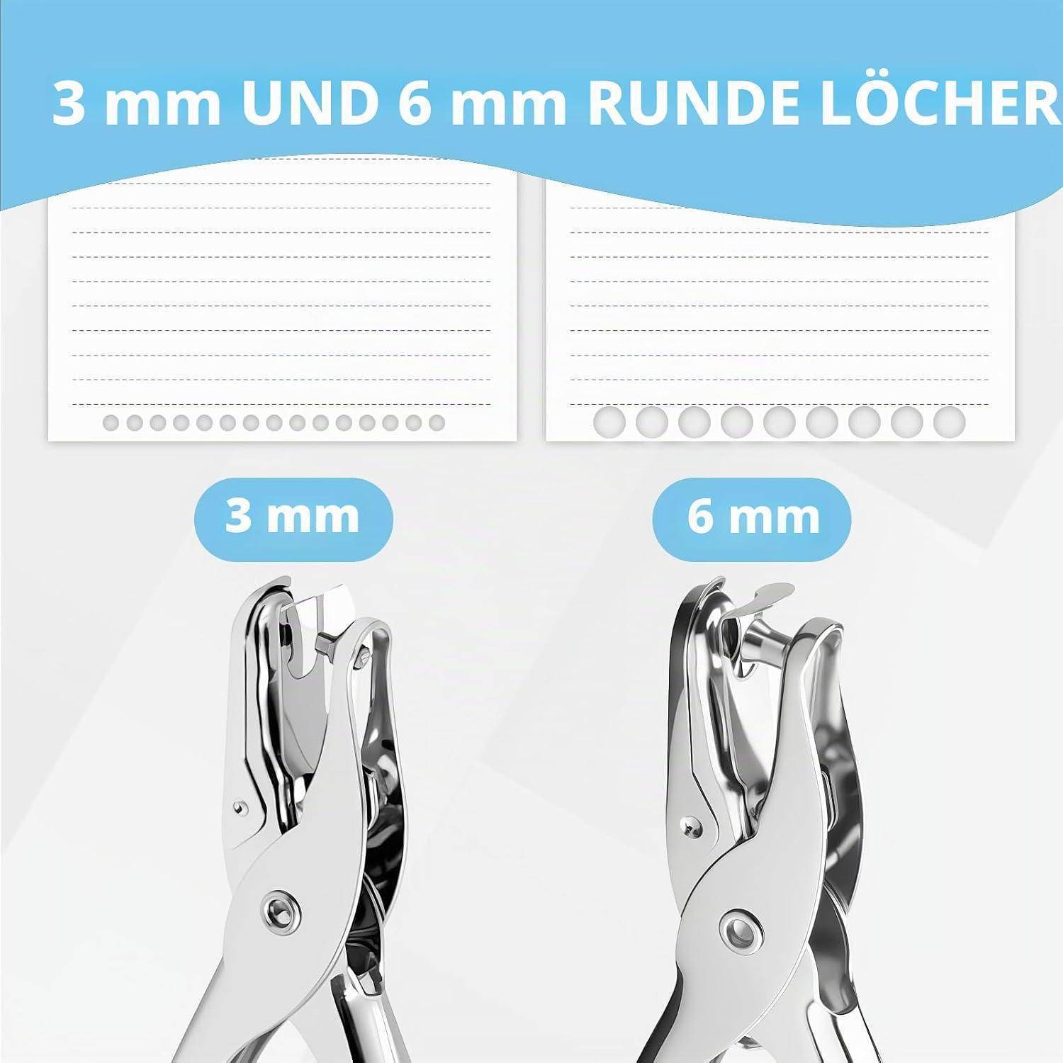 Produktgrafik zum Vergleich von Lochwerkzeugen: Notizen und Papier mit 3 mm und 6 mm runden Löchern, beschriftet auf Deutsch '3 mm UND 6 mm RUNDE LÖCHER'.