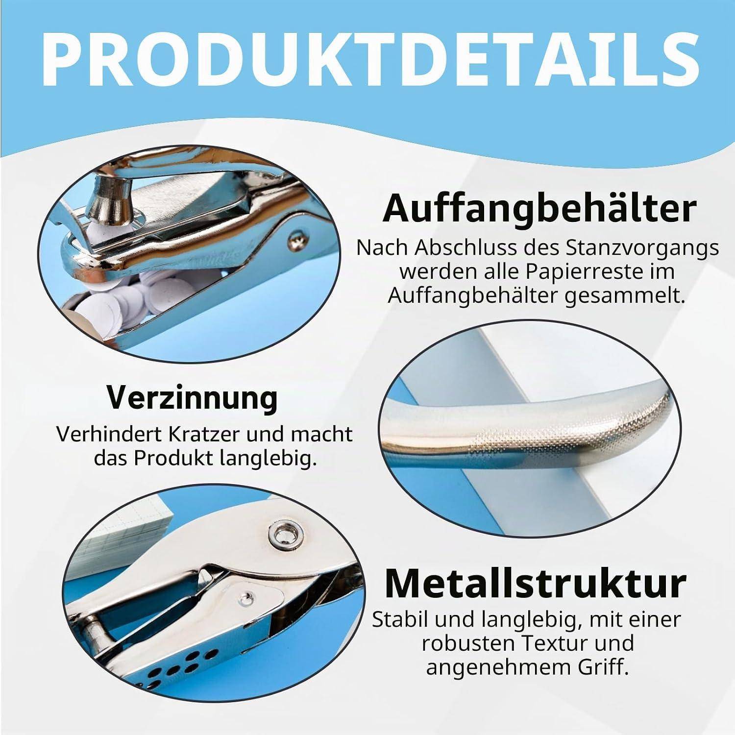 Deutsches Produktdetail-Grafikbild mit einem Locher, der drei Merkmale zeigt: Auffangschale für Papierschnipsel, Zinnbeschichtung verhindert Kratzer und robuste Metallstruktur für Langlebigkeit.