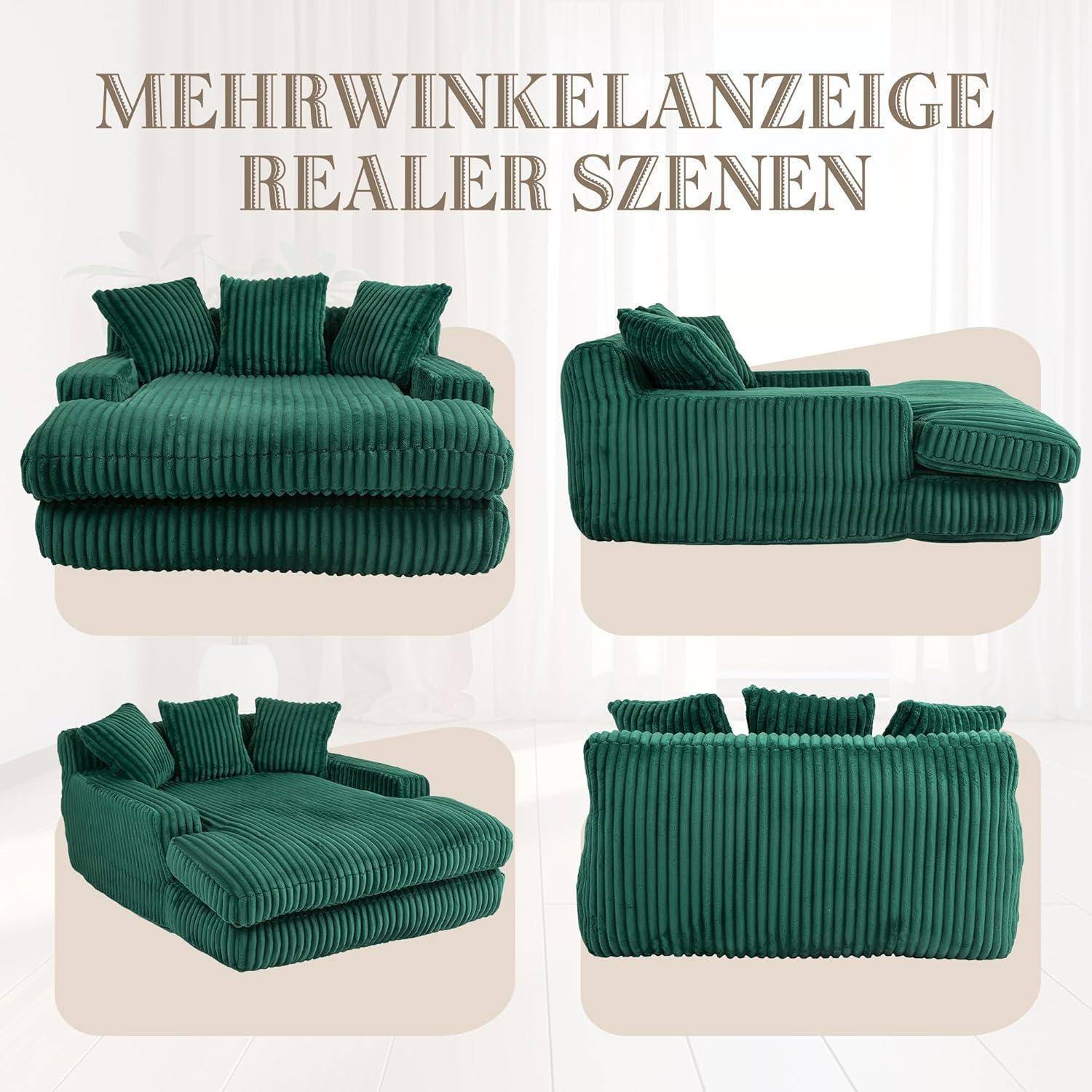 Vier Ansichten eines grünen gerippten modularen Sofas mit Kissen, die mehrere Konfigurationen zeigen; der Titel lautet „MEHRWINKELANZEIGE REALER SZENEN