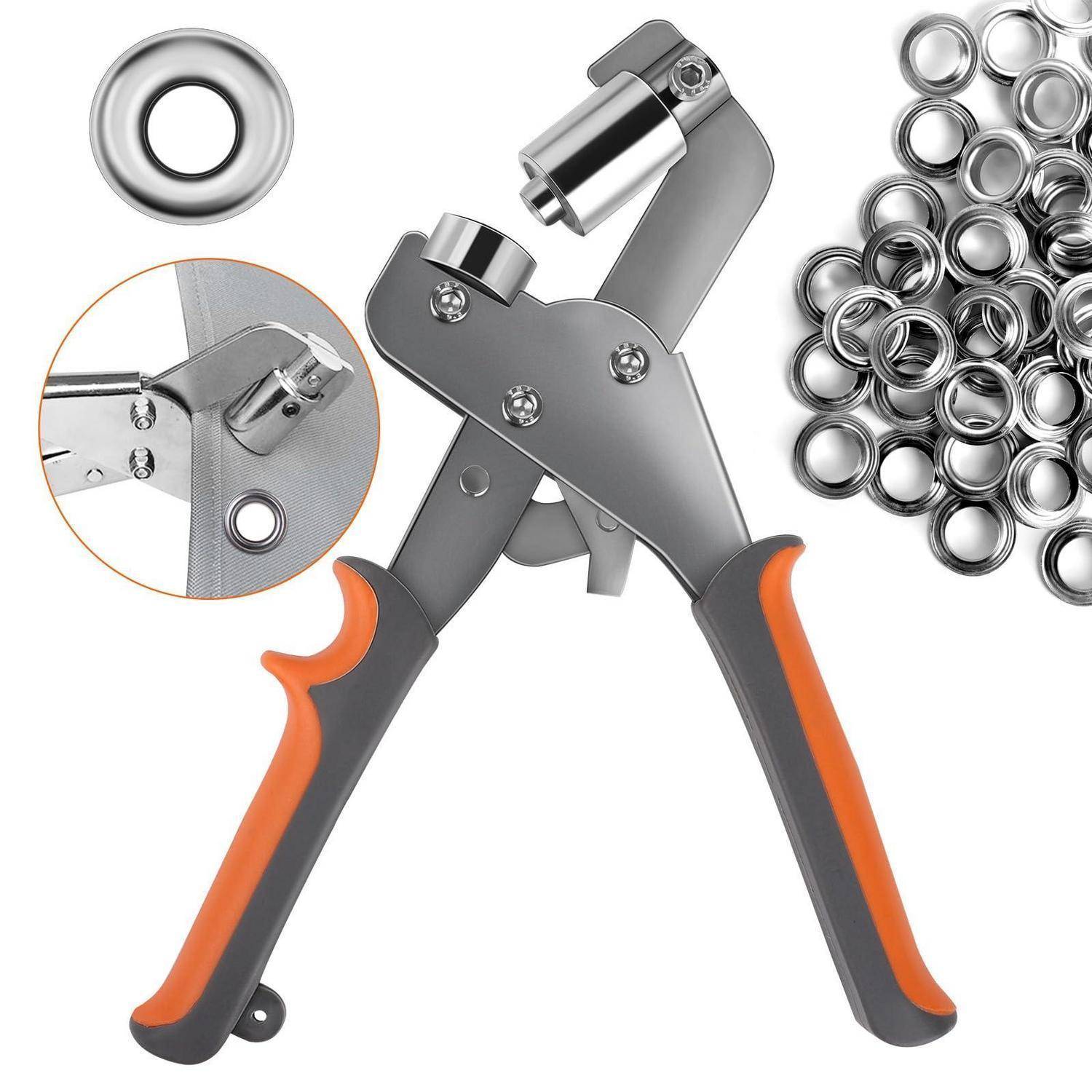 Handgehaltene Ösensetzzange mit orange-grauen Griffen, gezeigt mit Metallösen und einer Detailabbildung, die zeigt, wie eine Öse in einem Stoff installiert wird.