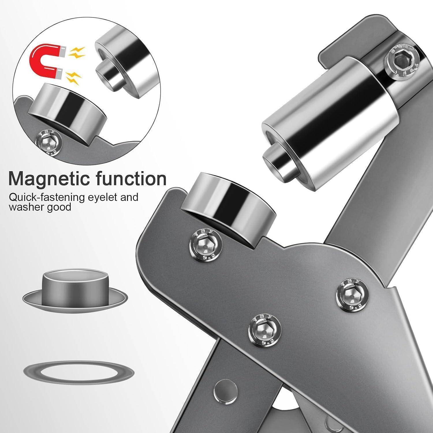 Magnetische Befestigung für Ösen und Unterlegscheiben, dargestellt mit vergrößerten Komponenten und Text „Magnetische Funktion" und „Schnellbefestigungsöse und Unterlegscheibe gut"".