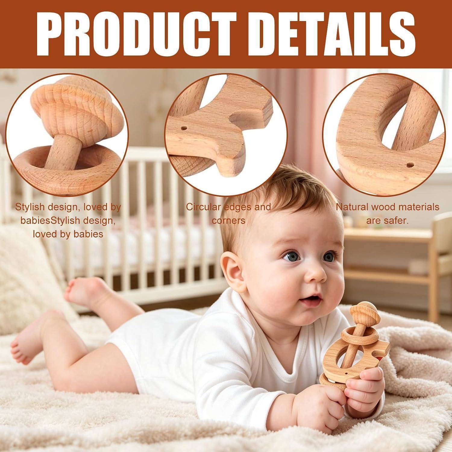 Produktdetails eines Werbepräsents zeigen ein Baby, das mit einem Holzspielzeug spielt und das stilvolle Design, abgerundete Kanten und natürliche Holzmaterialien für Sicherheit hervorhebt.