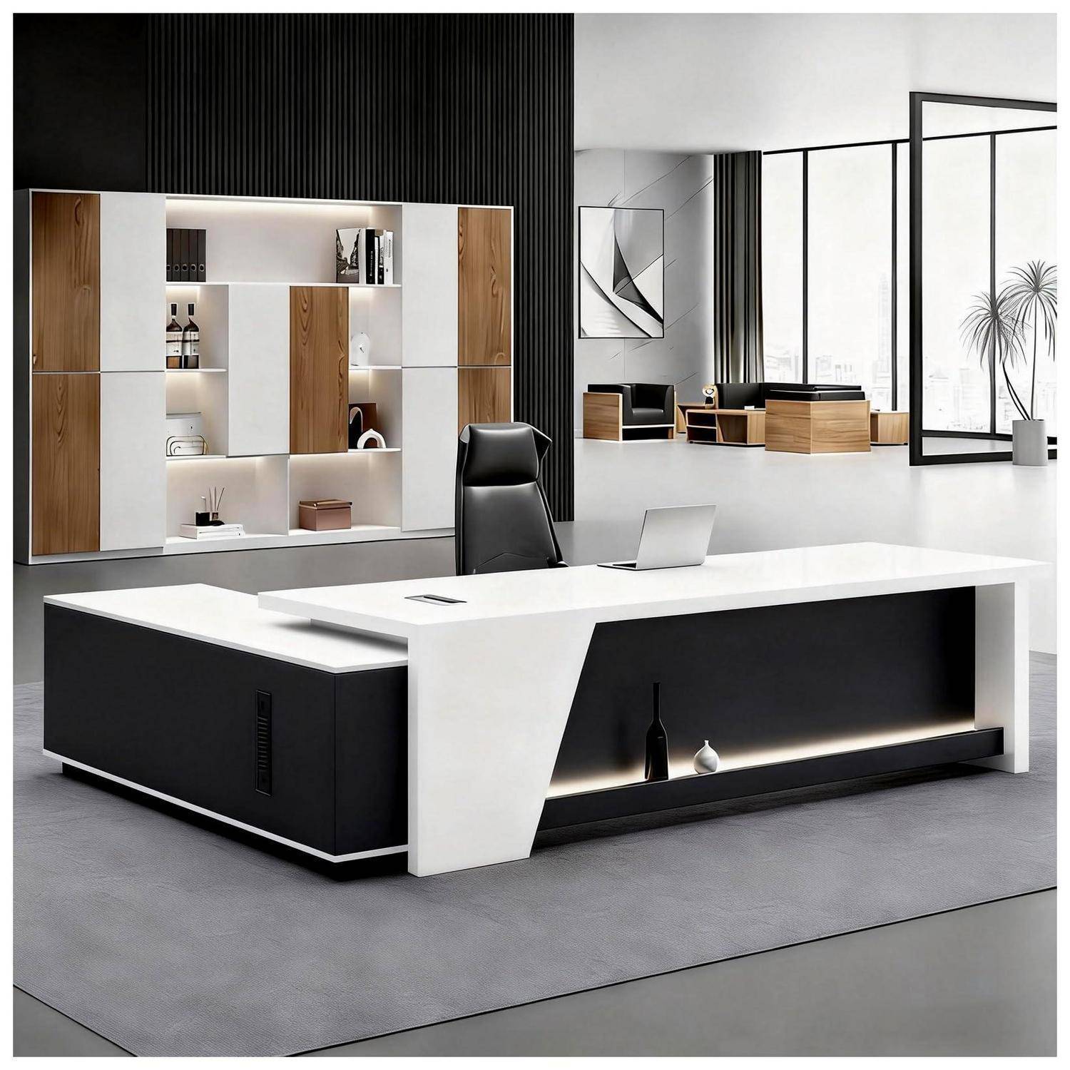 Modernes minimalistisches Bürointerior mit weißem und schwarzem Schreibtisch für die Geschäftsleitung, Stuhl, Regaleinheit und großen Fenstern in einem hellen offenen Arbeitsbereich.