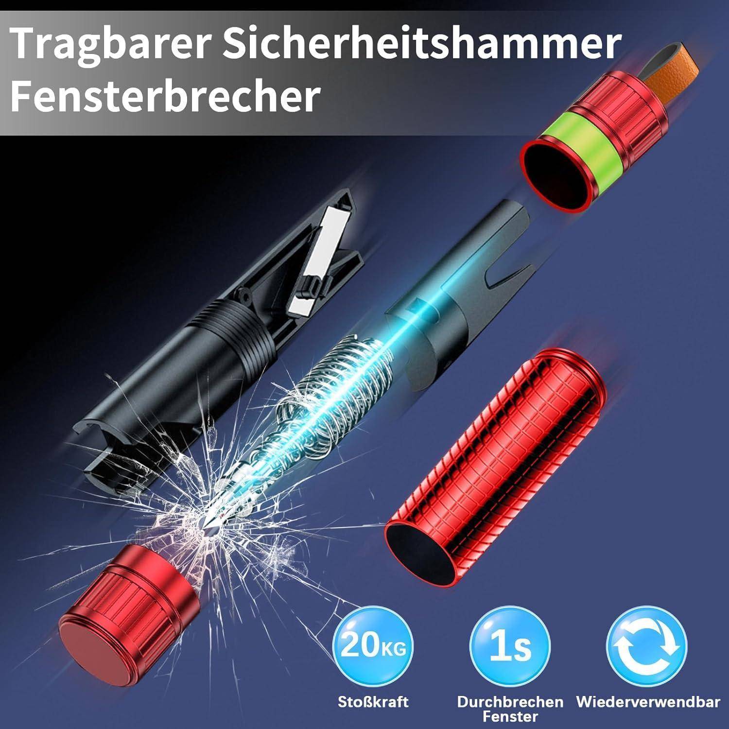 Anzeige für einen tragbaren Sicherheitshammer zum Zerspringen von Fenstern, der einen stiftförmigen Werkzeug zeigt, das Glas zerschmettert; enthält 