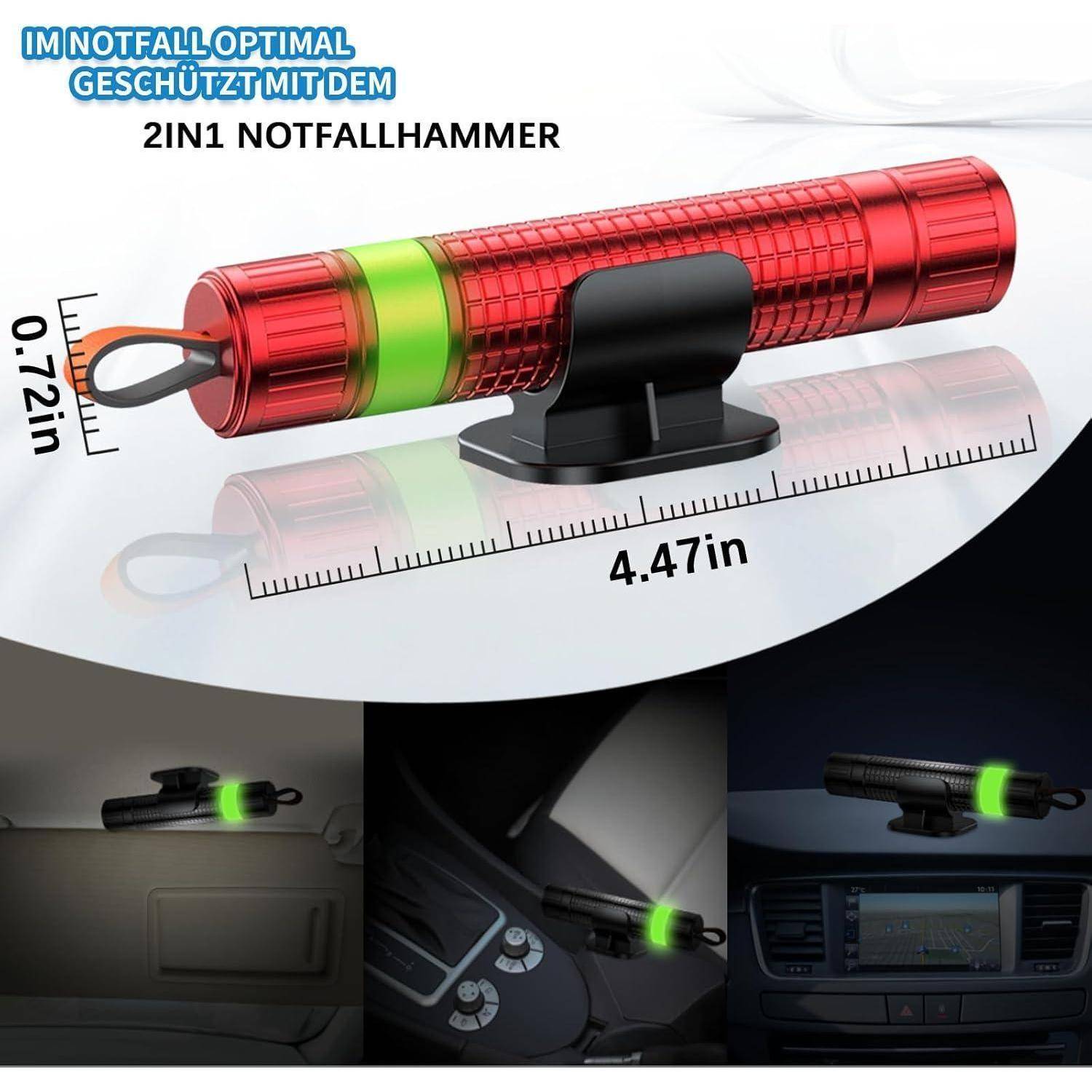 Roter 2-in-1-Notfallhammer mit grünem Griff, abgebildet mit Abmessungen von 4,47 Zoll Länge und 0,72 Zoll Breite, plus kleinere Fotos davon in einem Autoinnenraum montiert.