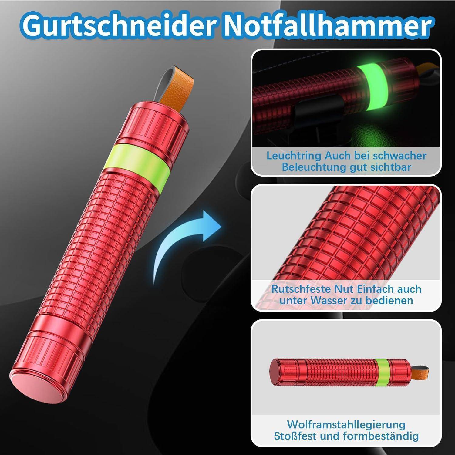 Werbebild eines roten Notfallhammers aus Glas, mit der Bezeichnung „Gurt-schneider Notfallhammer