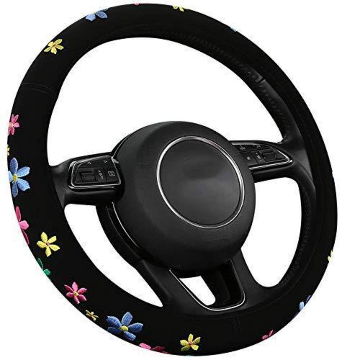Schwarze Autolenkradbezug mit buntem Blumenmuster auf der Felge und integrierten Kontrolltasten an beiden Speichen.
