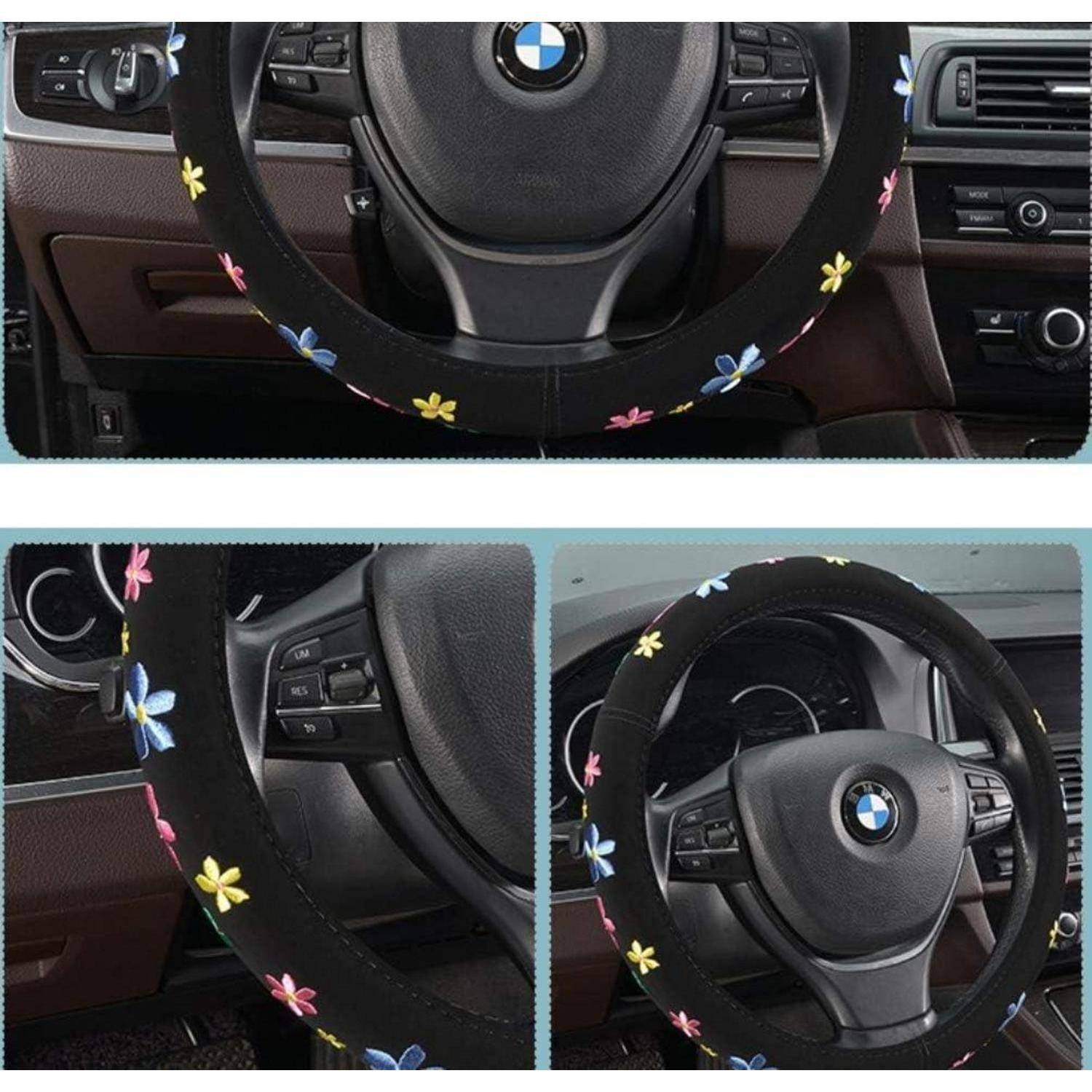 Lenkradbezug Süss Blumen,Gestickt Niedlich,Schweißabsorber,Lenkradschutz in Universal Größe 37-39cm,Lenkradhülle für Sommer &amp; Winter,Autozubehö