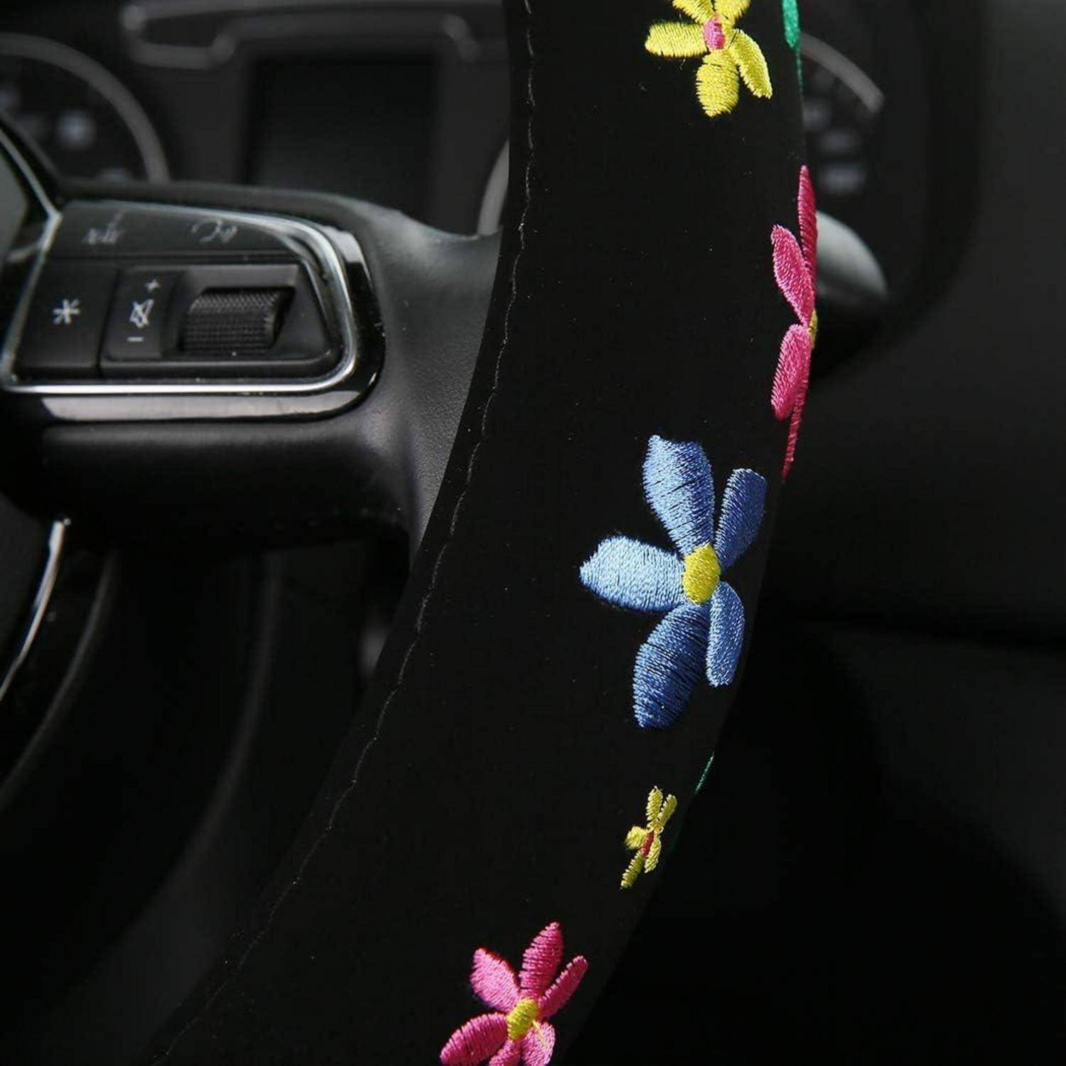 Lenkradbezug Süss Blumen,Gestickt Niedlich,Schweißabsorber,Lenkradschutz in Universal Größe 37-39cm,Lenkradhülle für Sommer &amp; Winter,Autozubehö