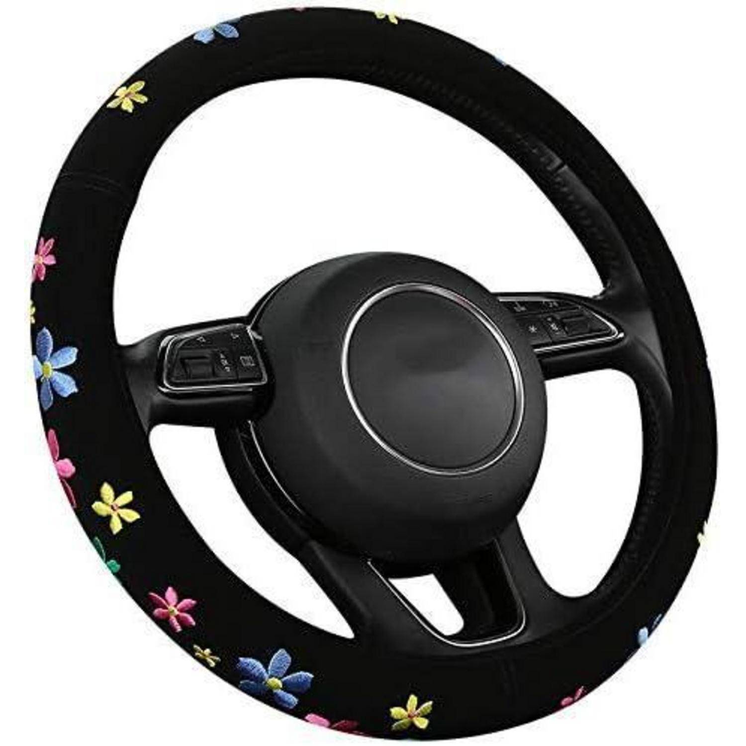 Lenkradbezug Süss Blumen,Gestickt Niedlich,Schweißabsorber,Lenkradschutz in Universal Größe 37-39cm,Lenkradhülle für Sommer &amp; Winter,Autozubehö